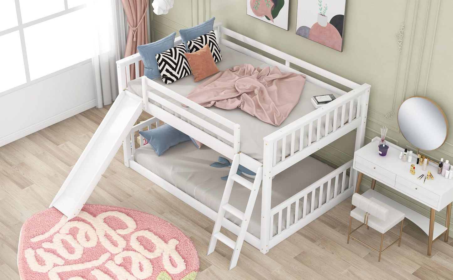 Fun White Full over Full Bunk Bed with Removable Slide and Ladder