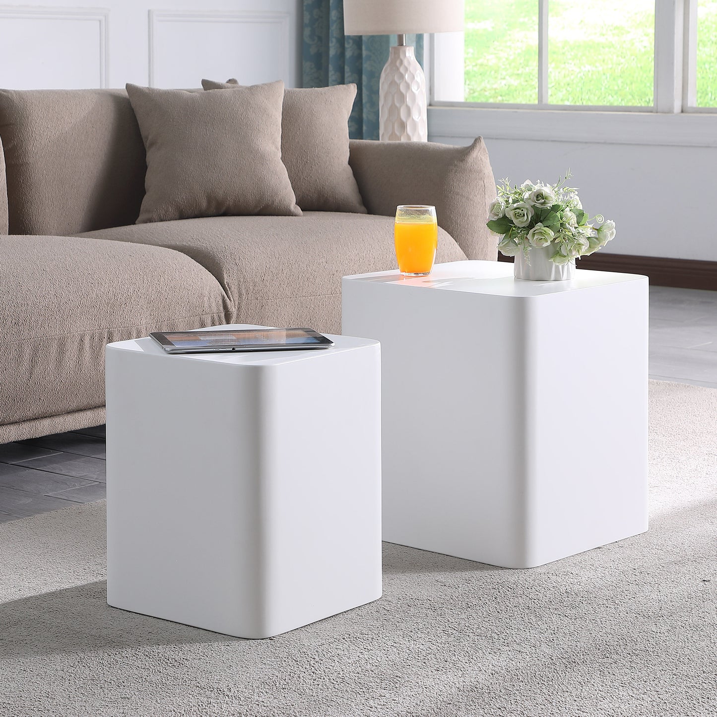 Modern White MDF Nesting Tables Set of 2 for Living Room, Office, and Bedroom