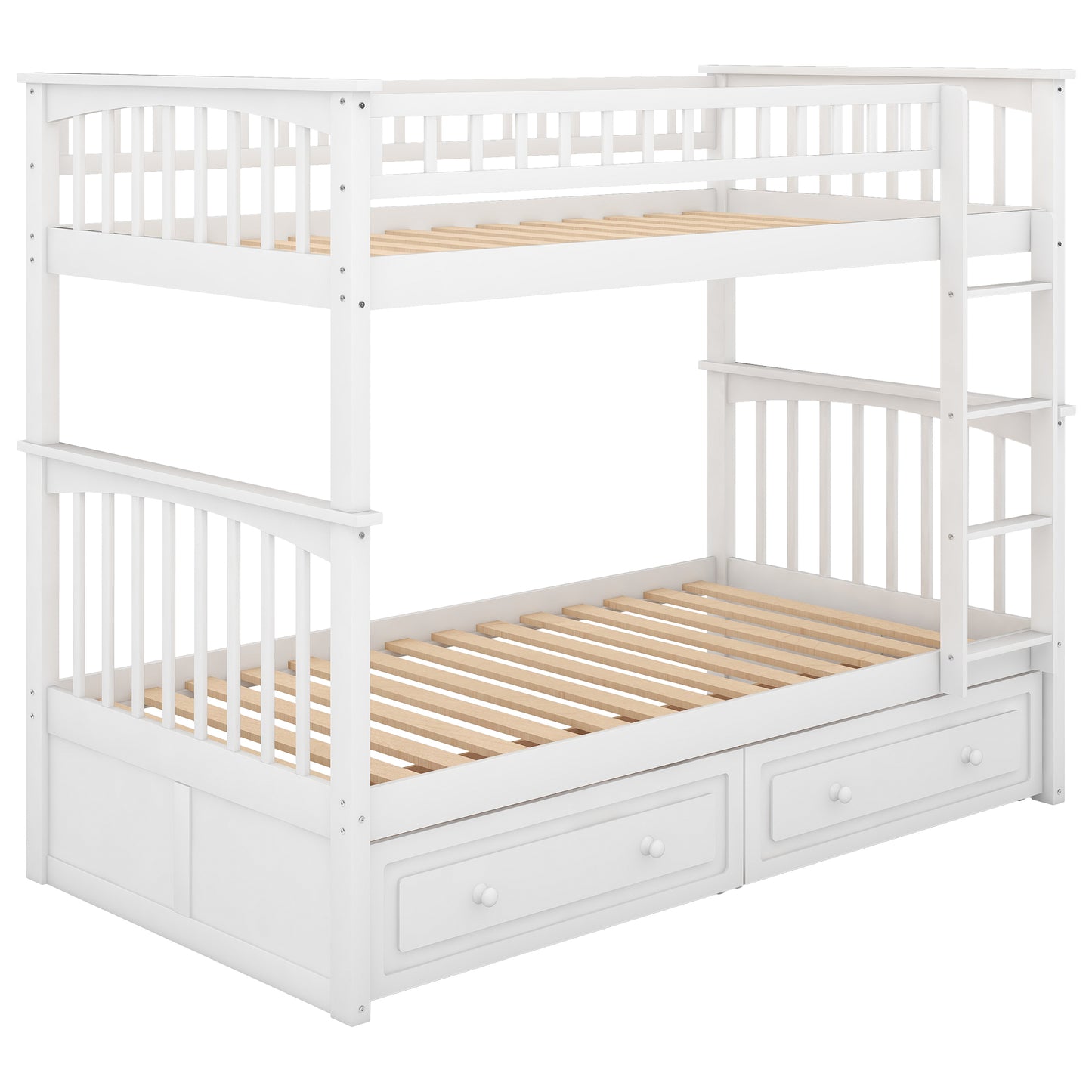 Twin Bunk Bed with Storage Drawers and Convertible Design in White