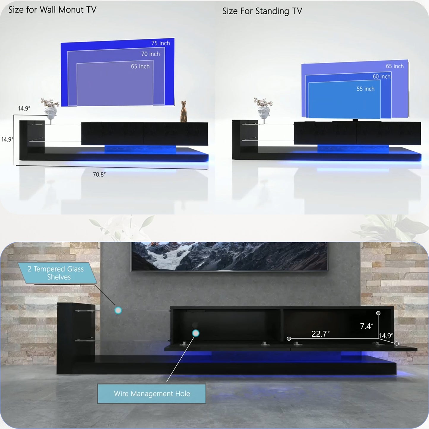 Modern Black TV Console with Remote and App Controlled RGB LED Lights and Storage Cabinets for 75 inches TV