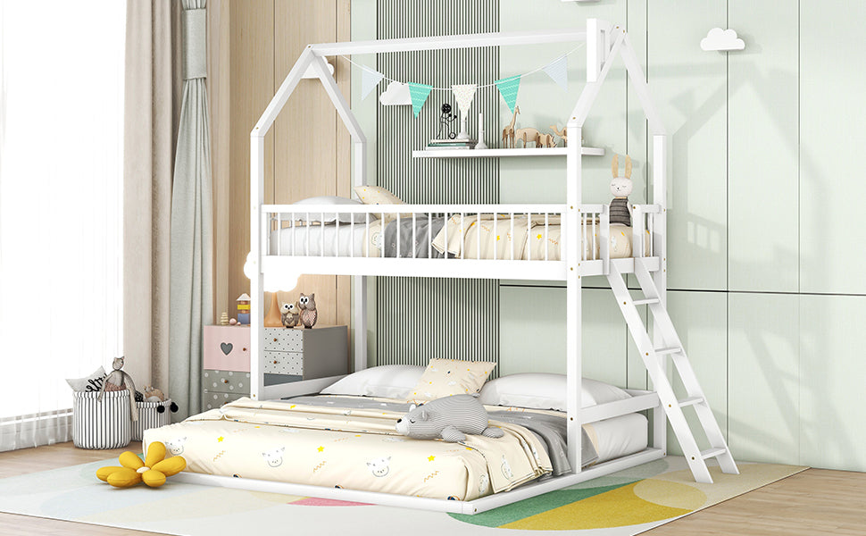 House-Shaped Twin Bunk Bed with Trundle, Ladder, and Twin Over Twin Size Sleep Space