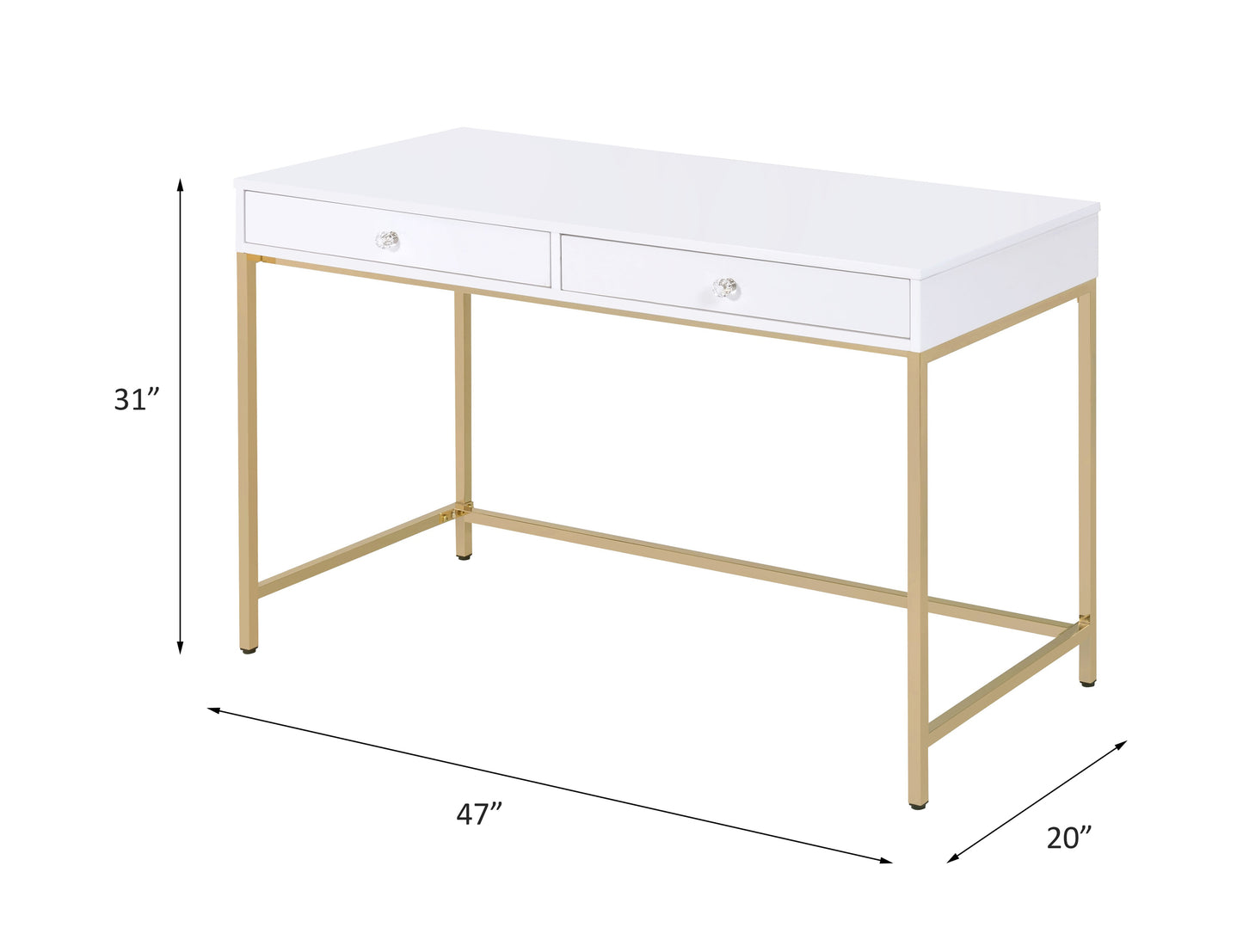 Elegant White High Gloss Office Desk with Gold Metal Accents and Storage