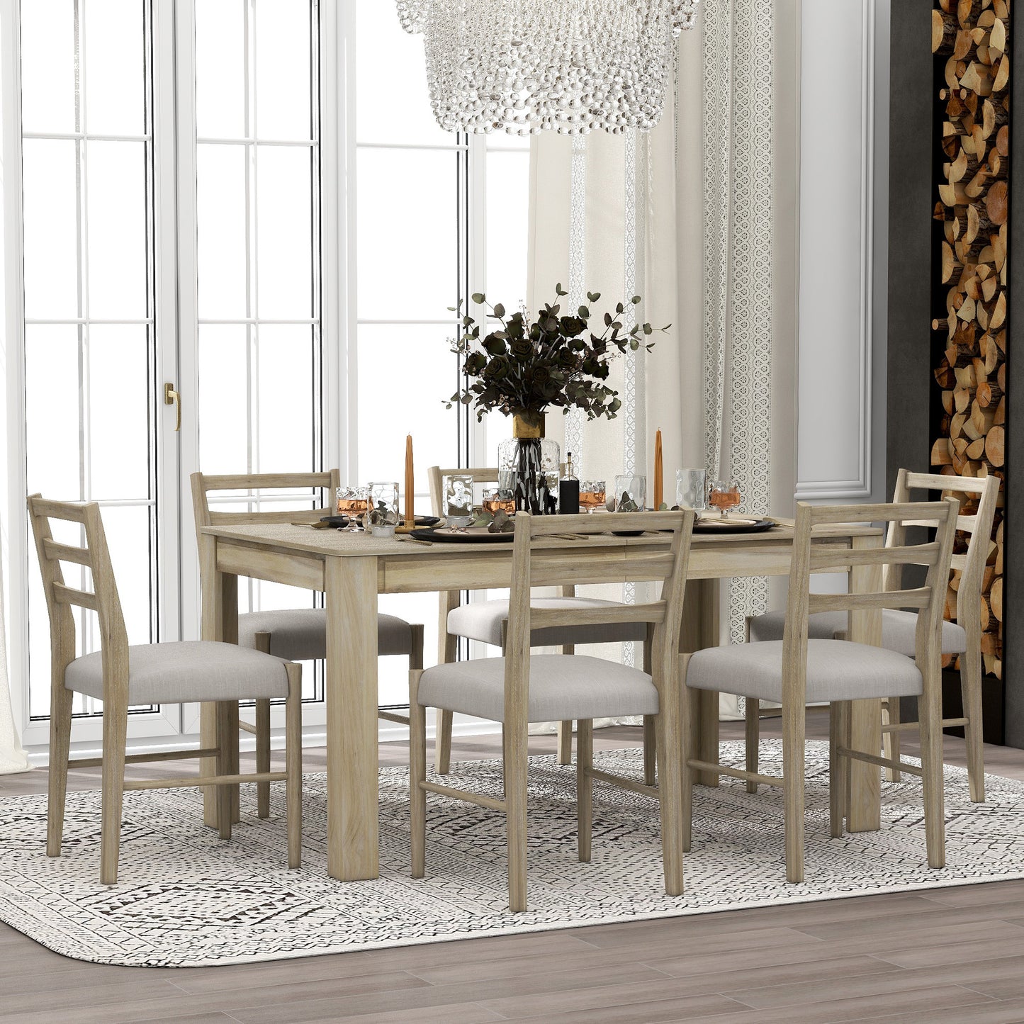 TREXM 7-Piece Wooden Dining Table Set Mutifunctional Extendable Table with 12" Leaf and 2 Drawers, 6 Dining Chairs with Soft Cushion (Natural Wood Wash)