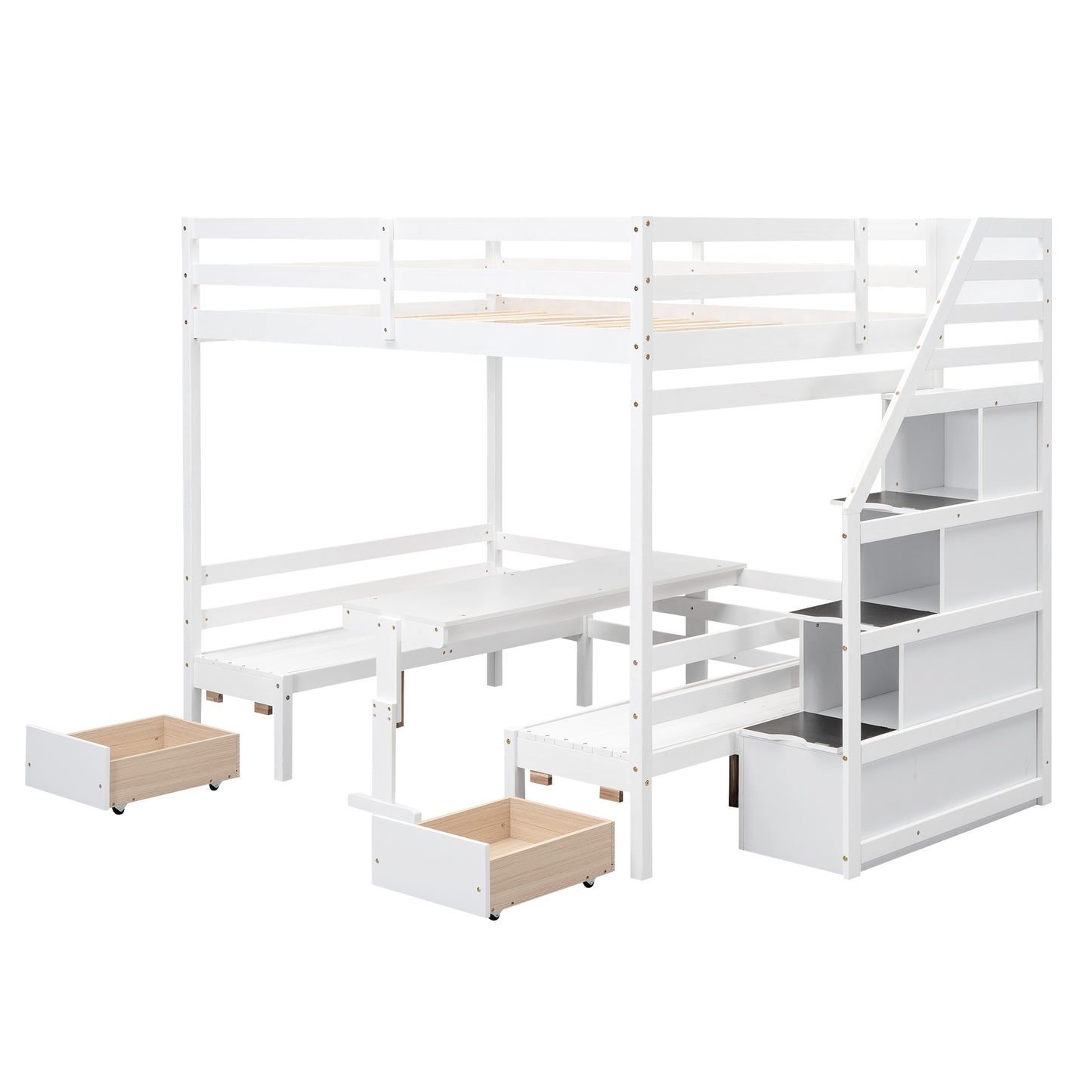 Full over Full Size Bunk with staircase,the Down Bed can be Convertible to Seats and Table Set,White