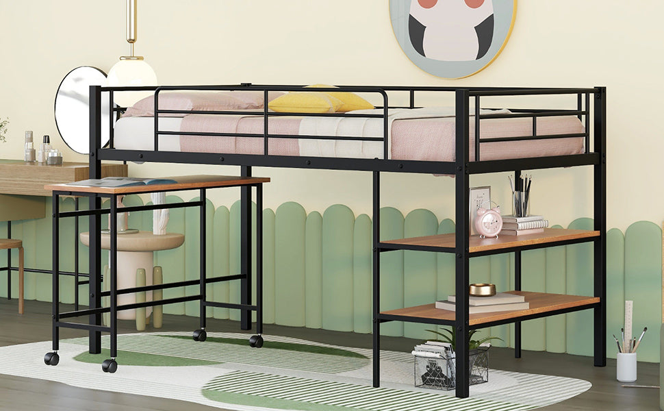 Twin Size Metal Loft Bed with Desk and Shelves,Black