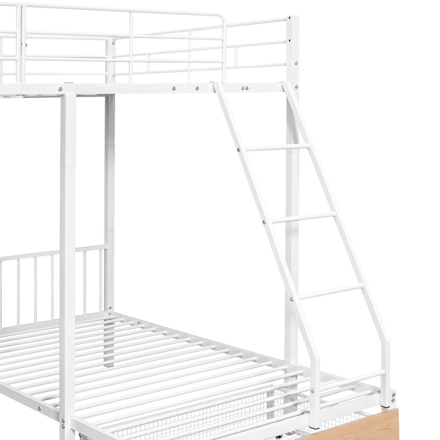 Triple Bunk Bed with Storage Drawers and Guardrails, Full Bed Over Twin & Twin