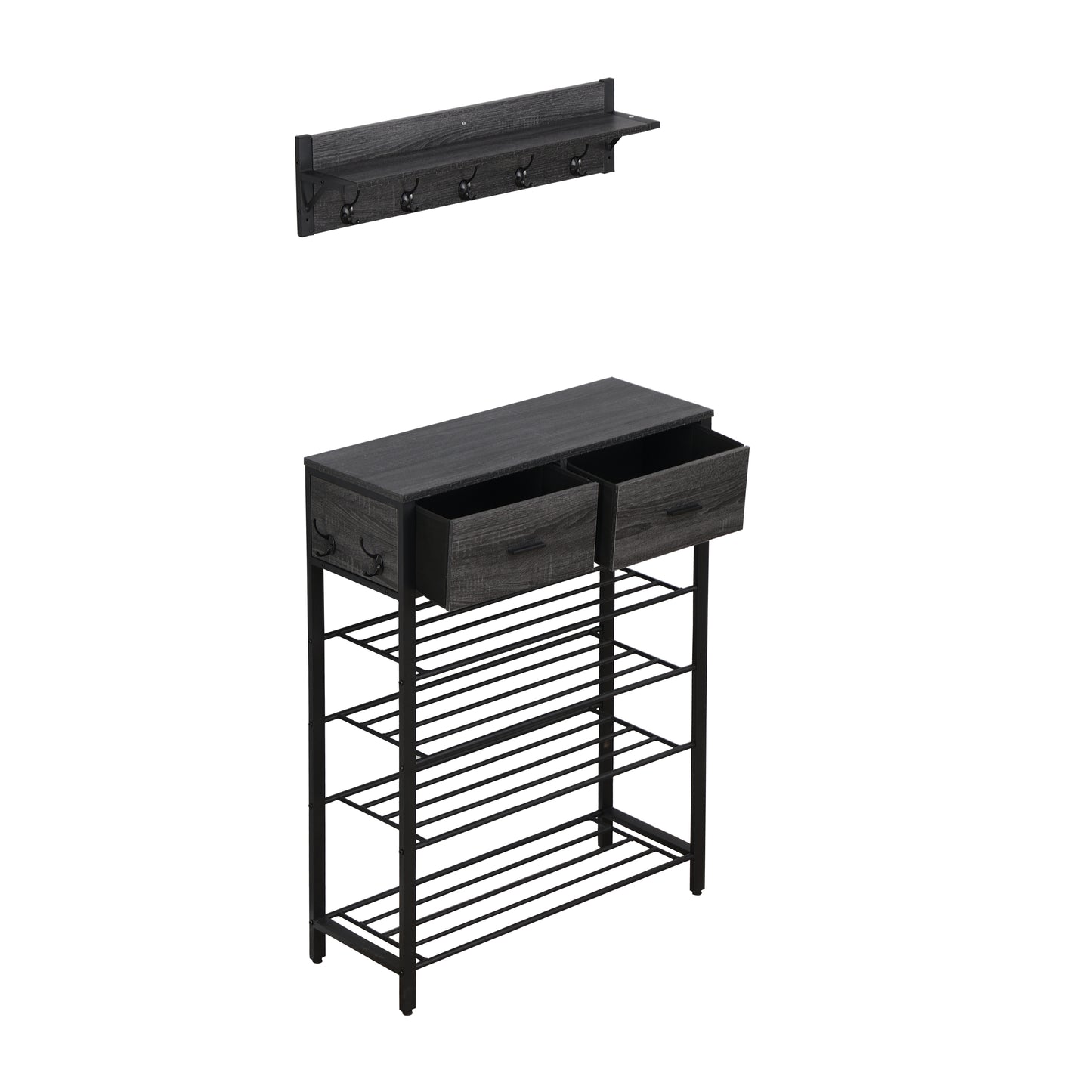 Entryway 4-tier Shoe Shelf with Two Drawers and Coat Rack, One Set Entryway Show Rack with Storage and Hooks