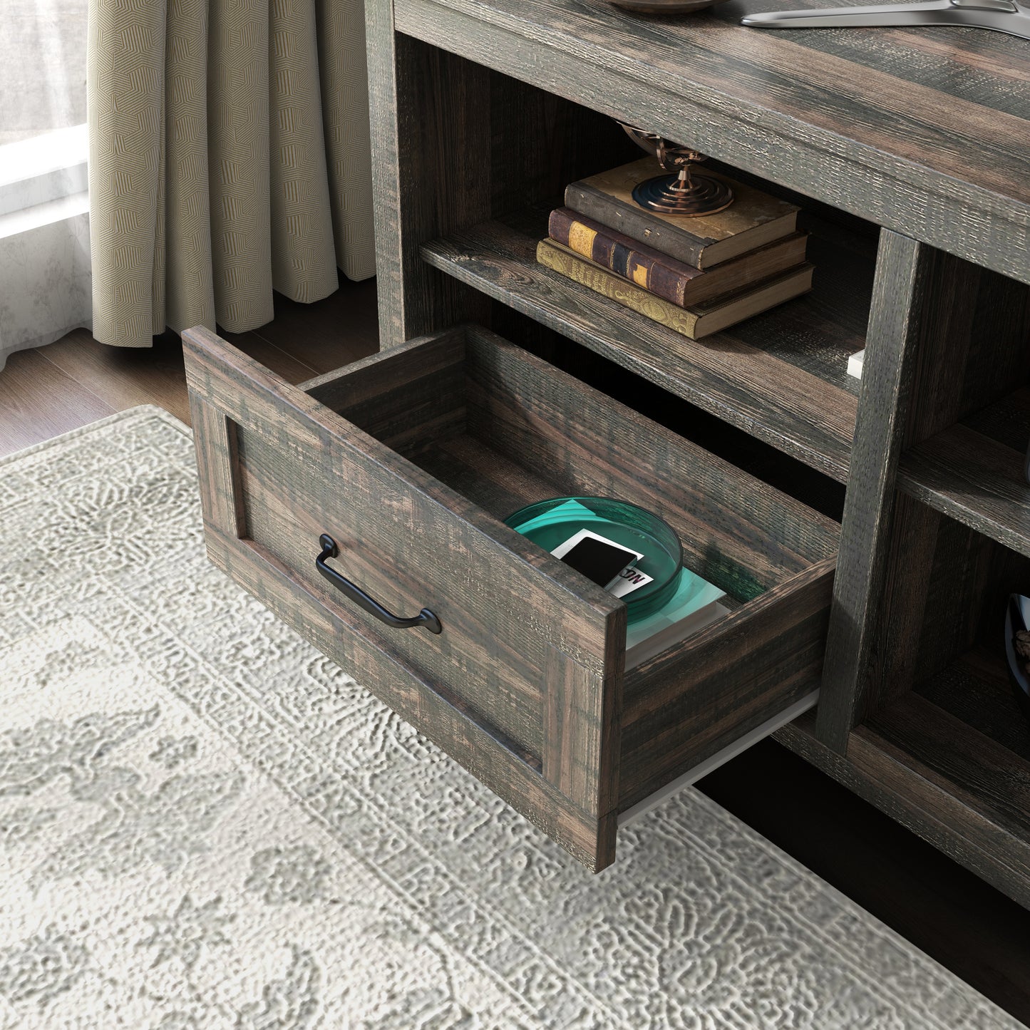 Black Pine TV Stand with 2 Drawers and Ample Storage Space for Living Room and Bedroom