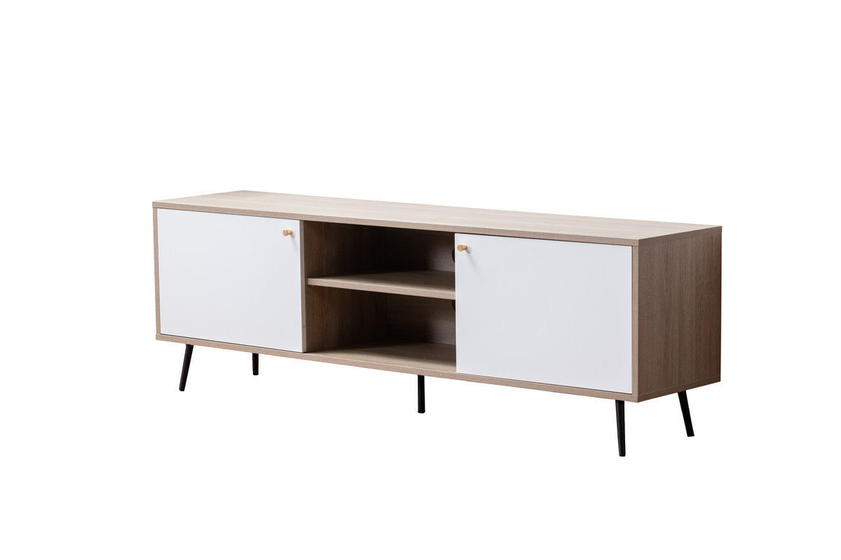 Aurora Light Brown Wood Finish TV Stand with 2 White Cabinets and Adjustable Shelves