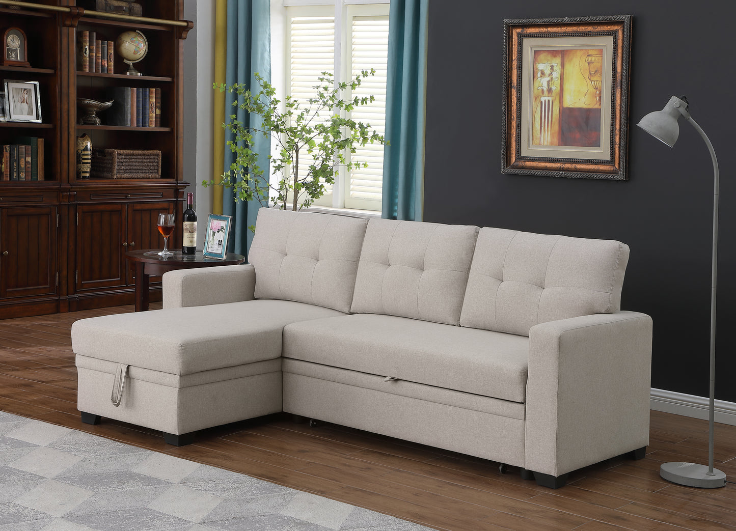 Upholstered Pull out Sectional Sofa with Chaise