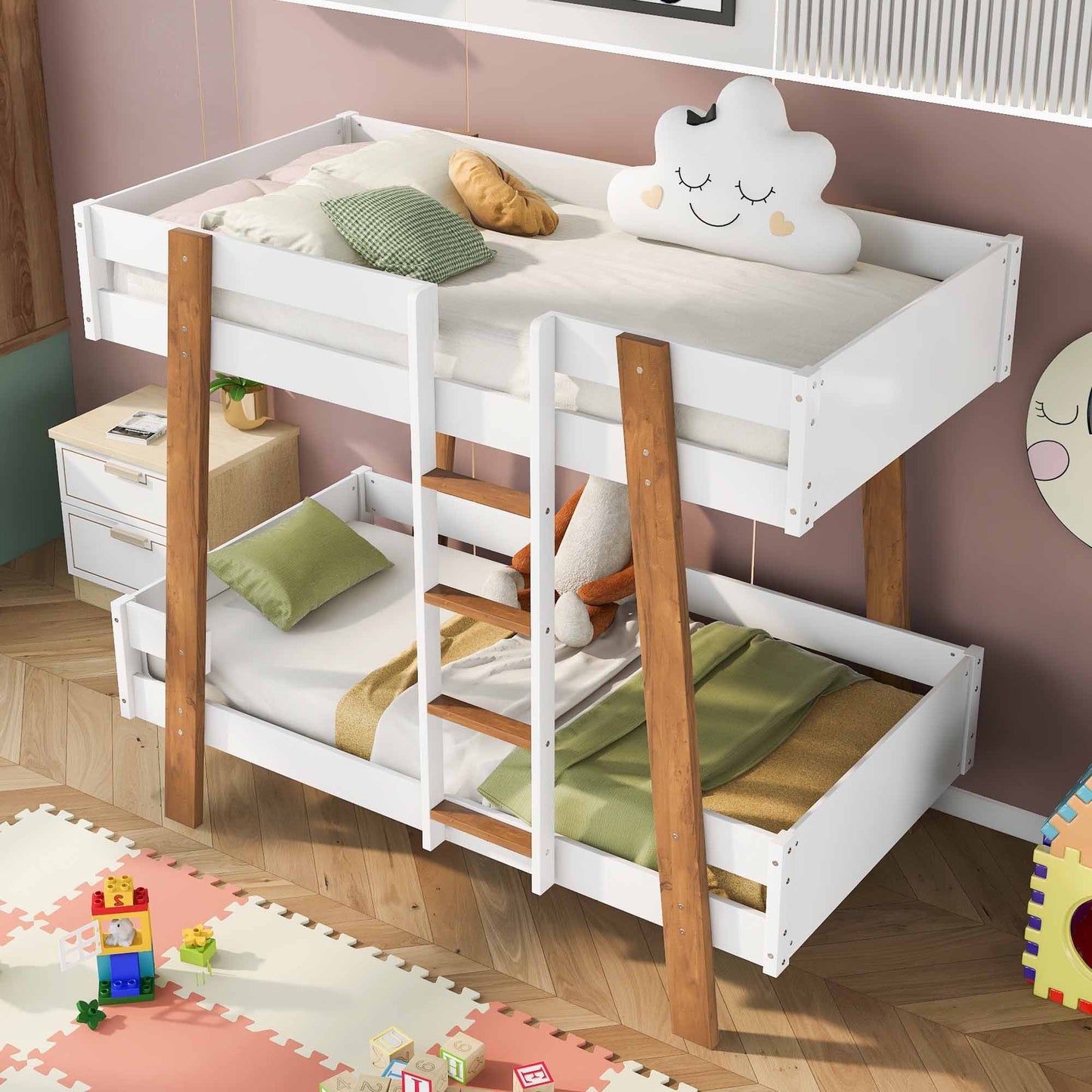 Rustic White Twin Size Bunk Bed with Wooden Columns and Attached Ladder