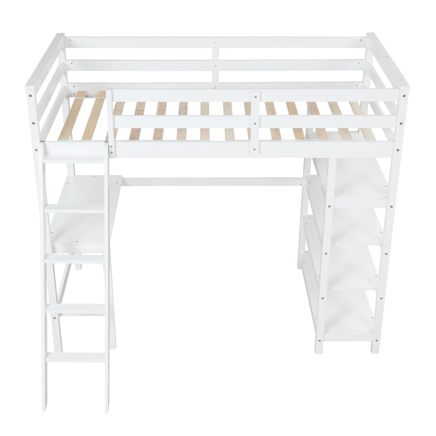 Twin Loft Bed with desk,ladder,shelves , White