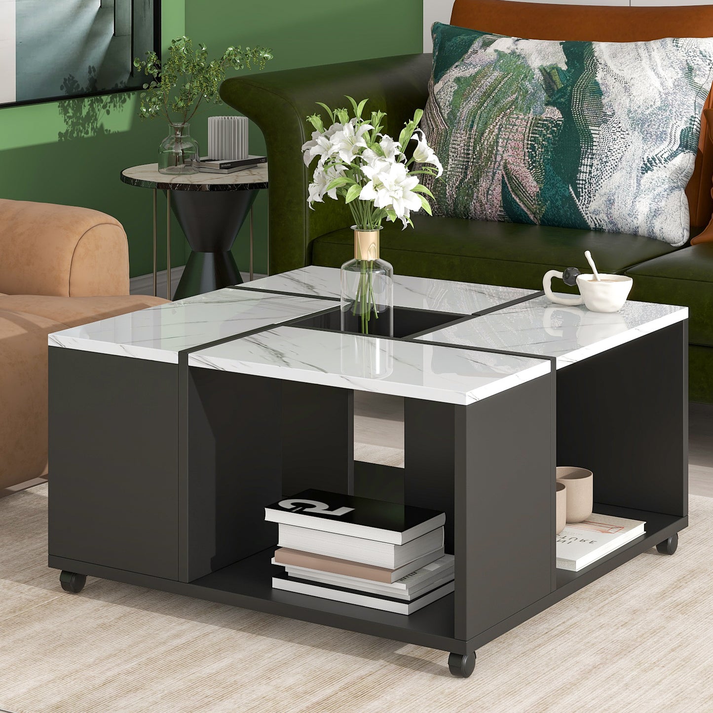 Luxurious Marble Design Coffee Table with Convenient Mobility, Ample Storage, and Modern Appeal