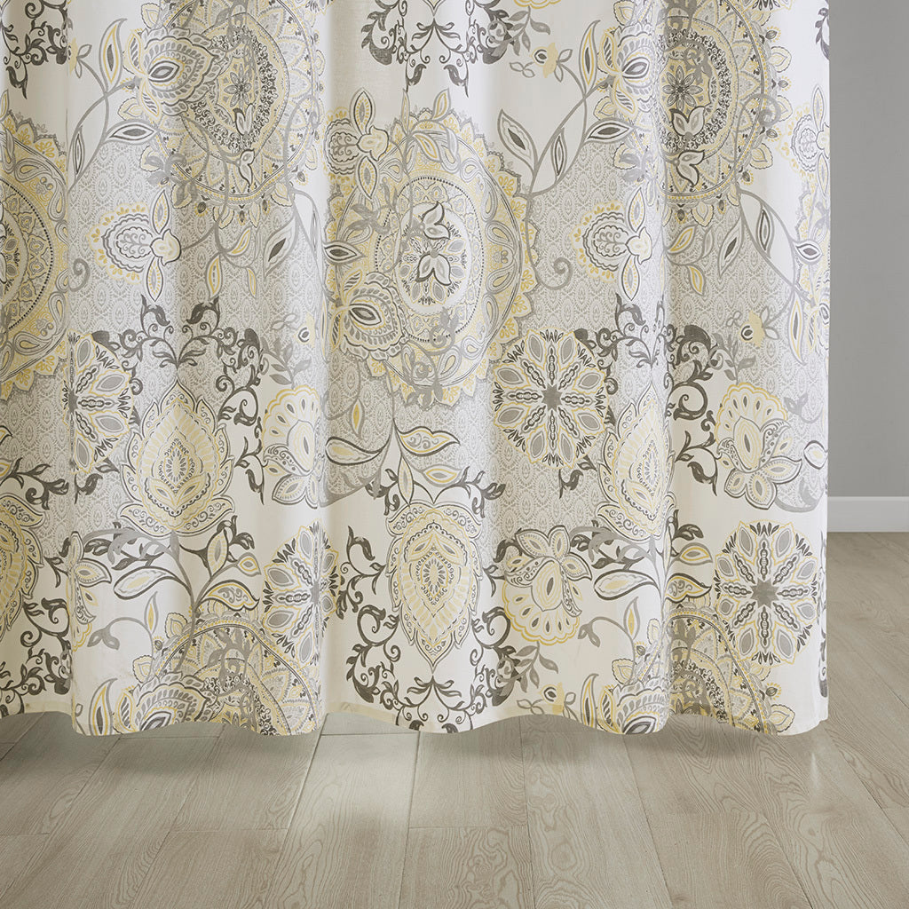 Yellow and Black Floral Medallion Cotton Shower Curtain