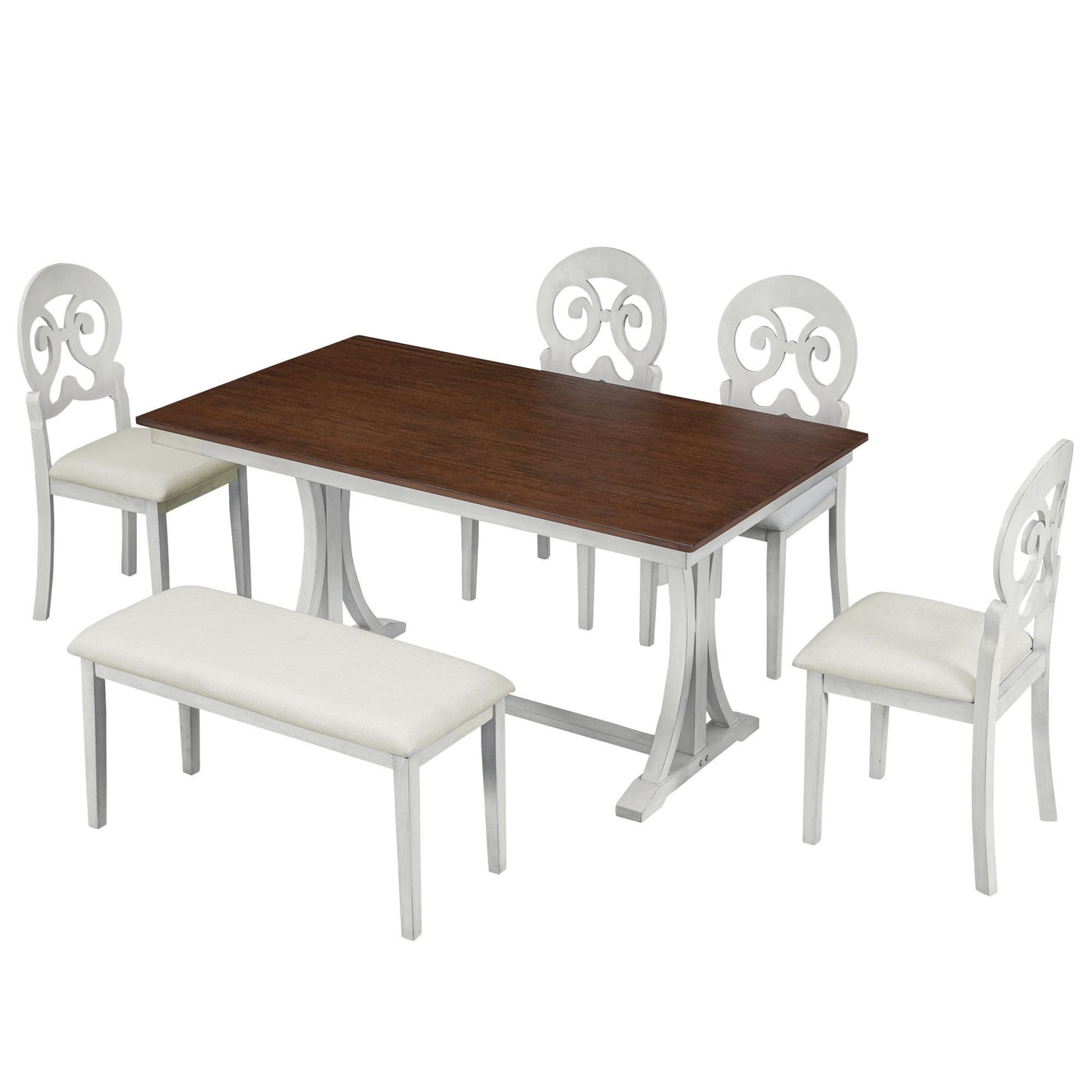 Mid-Century 6-Piece Trestle Table Set with Victorian Round Upholstered Dining Chairs and Long Bench, Cherry+Antique White