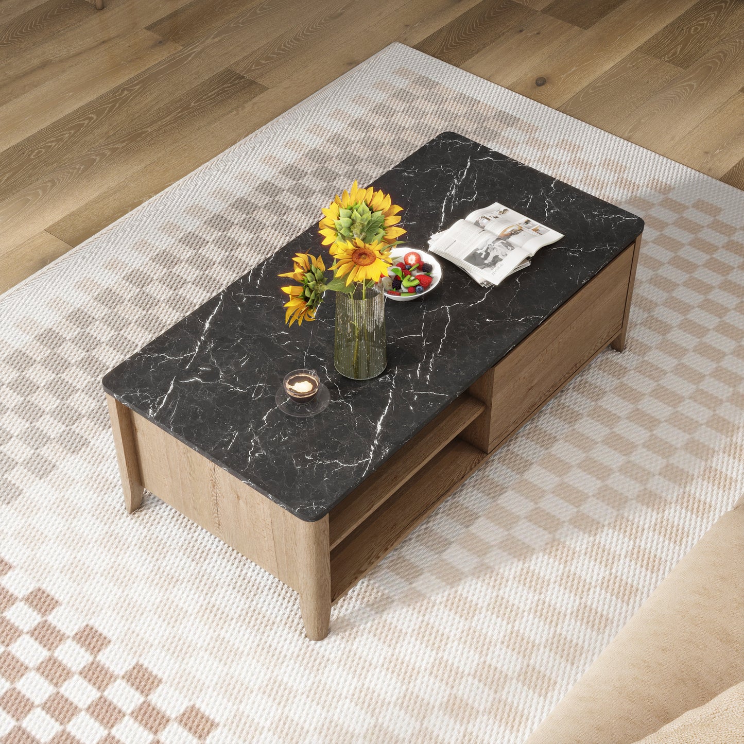 Modern Retro Coffee Table with Storage Drawers in Tobacco Wood and Marble Texture