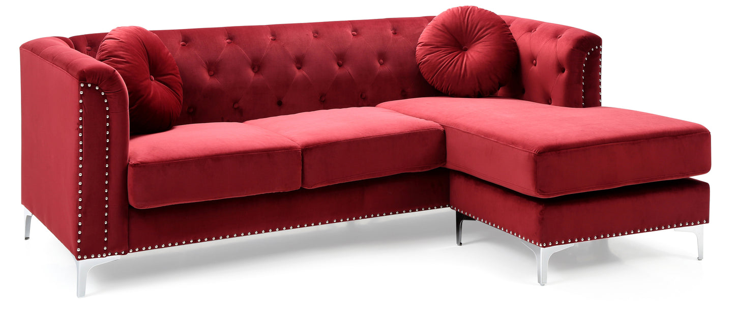 Burgundy Velvet Mid Century Sofa Chaise with Chromed Steel Legs