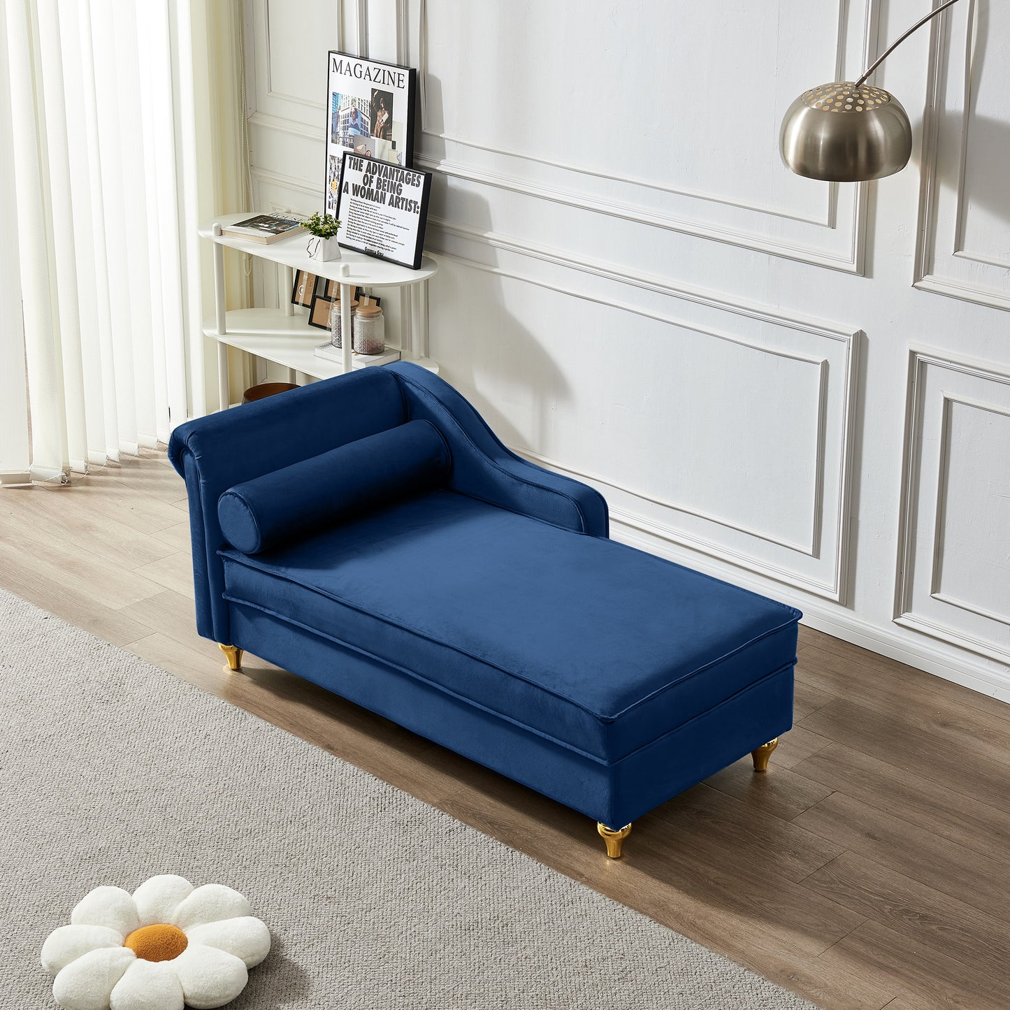 Modern Upholstery Chaise Lounge Chair with Storage Velvet (Navy Blue)