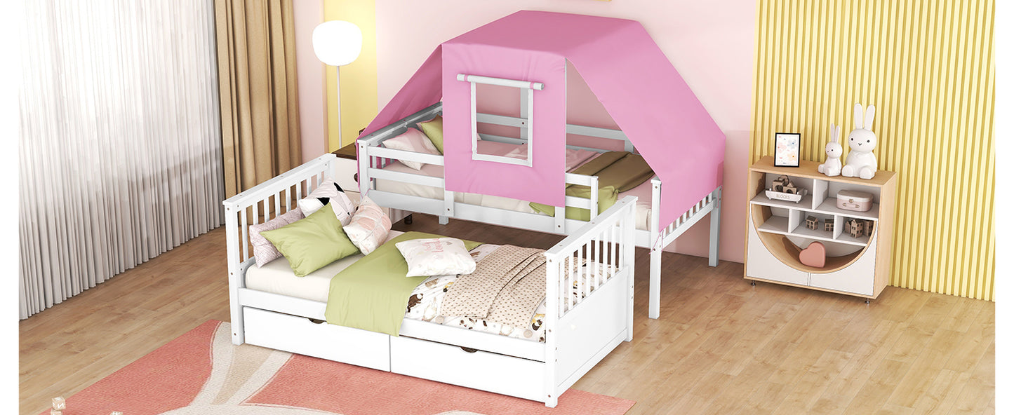 White and Pink Spacious Twin Bunk Bed with Playful Tent and Storage