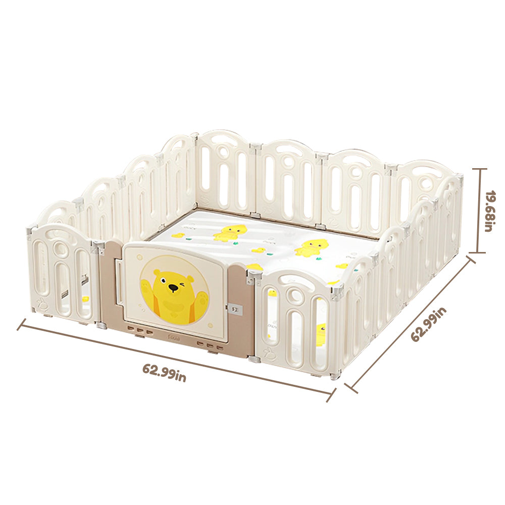 62.9 inch x 62.9inch Bear Beige White Color Foldable Playpen, Baby Safety Play Yard With Fence Indoor Toys With Play mat 14panel and 1 play mat