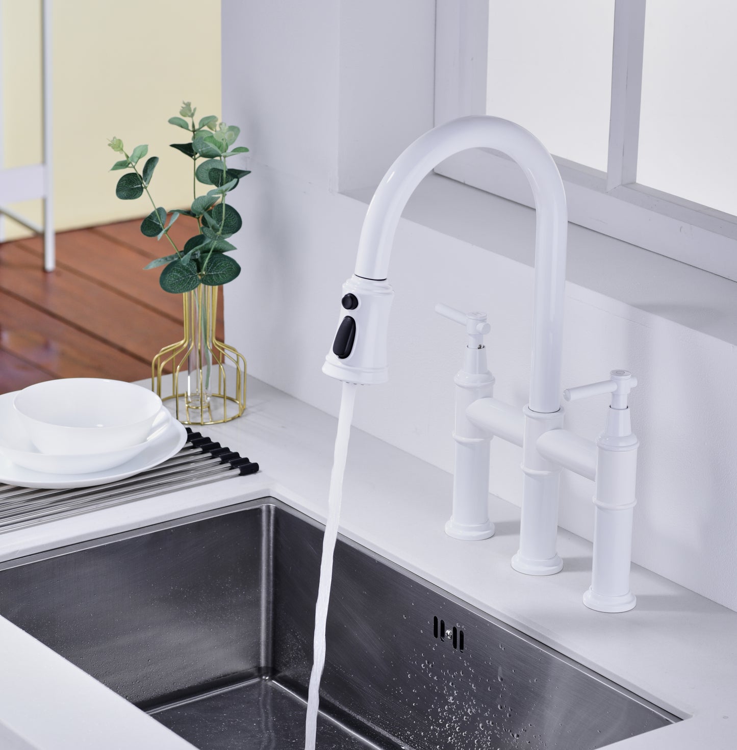 Bridge Kitchen Faucet with Pull-Down Sprayhead in Spot