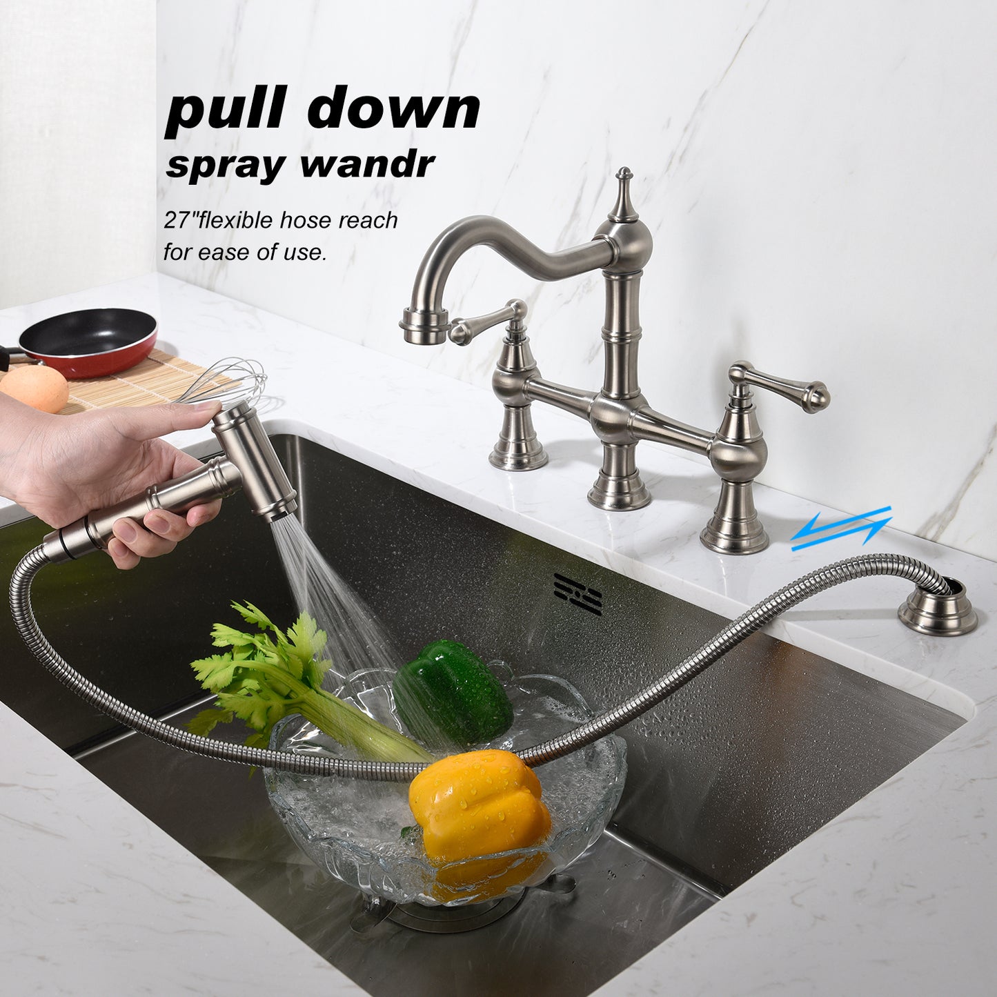 Bridge Dual Handles Kitchen Faucet With Pull-Out Side Spray in