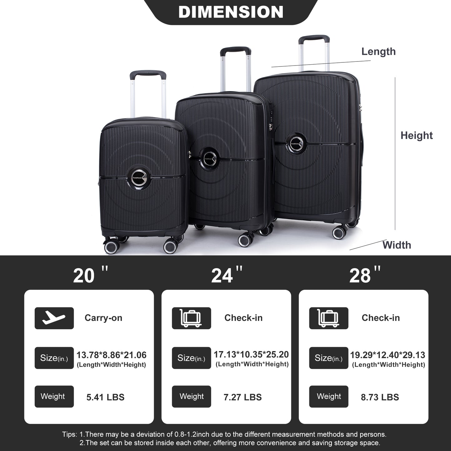 Expandable Hardshell Suitcase Double Spinner Wheels PP Luggage Sets Lightweight Durable Suitcase with TSA Lock,3-Piece Set (20/24/28) ,Black