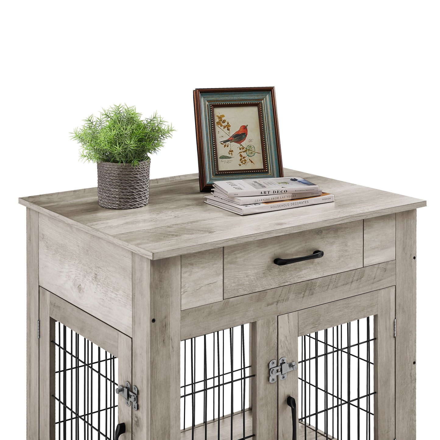 Furniture Style Dog Crate End Table with Drawer, Pet Kennels with Double Doors, Dog House Indoor Use, Grey, 29.9'' W x 24.8'' D x 30.71'' H.