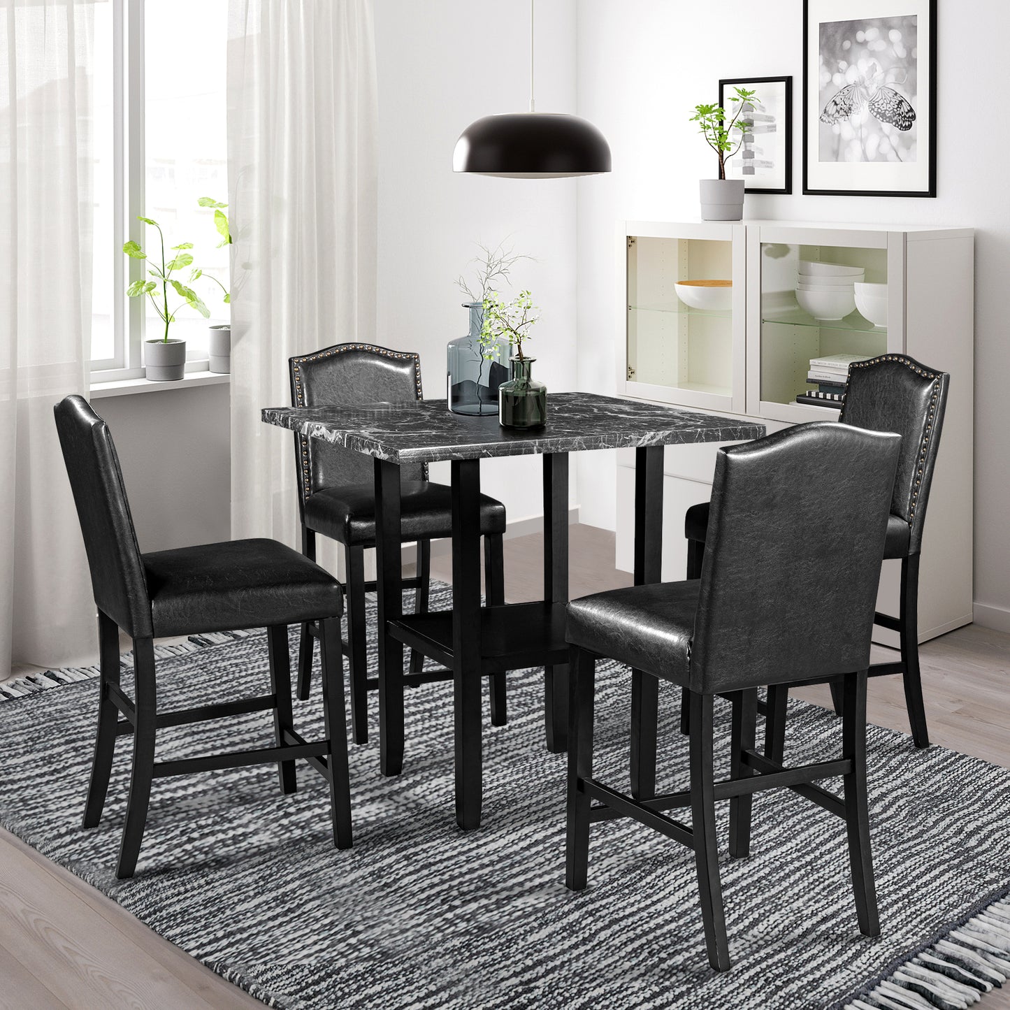 5 Piece Dining Set with Matching Chairs and Bottom Shelf for Dining Room, Black Chair+Black Table