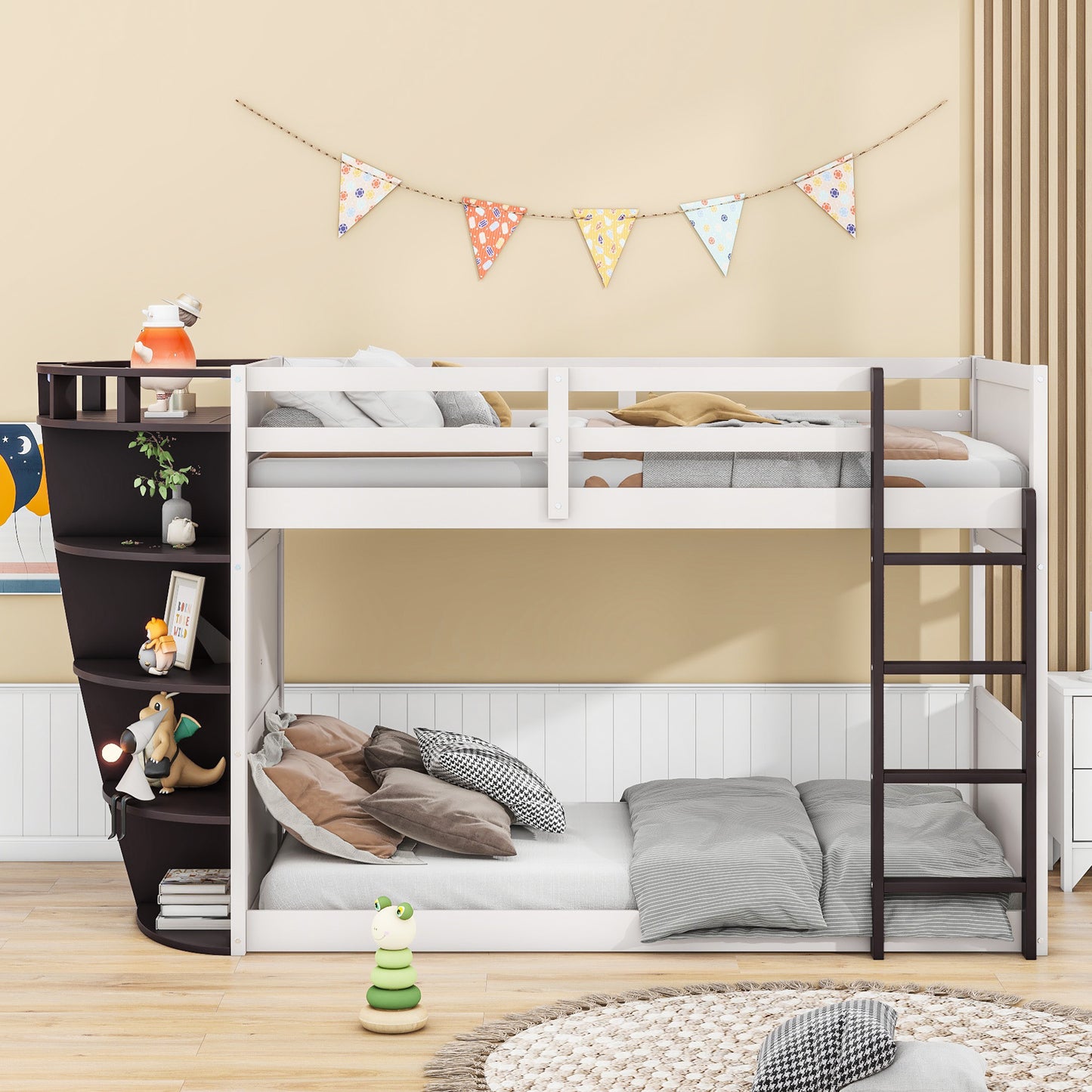 Boat-Themed Bunk Bed with Storage Shelves, Cream+Espresso