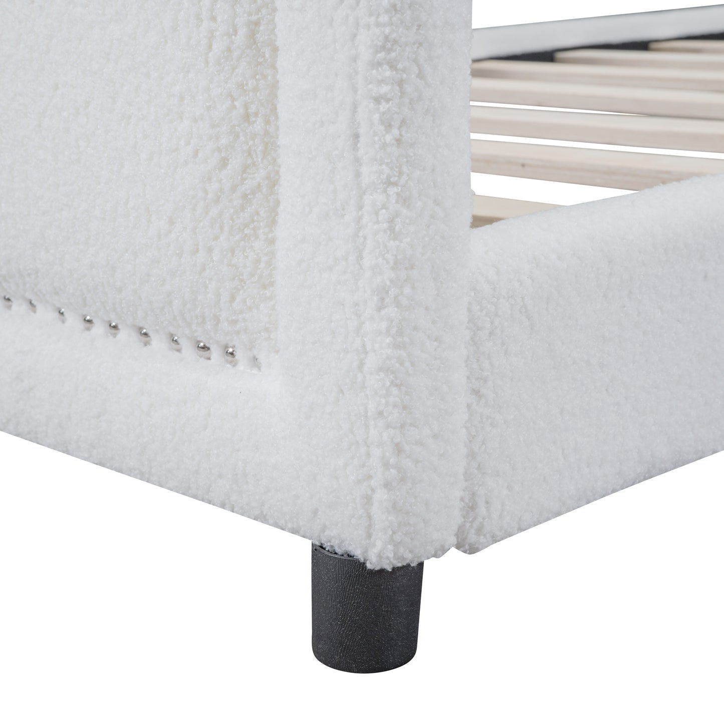 Teddy Fleece Twin Size Upholstered Daybed with OX Horn Shaped Headboard, White