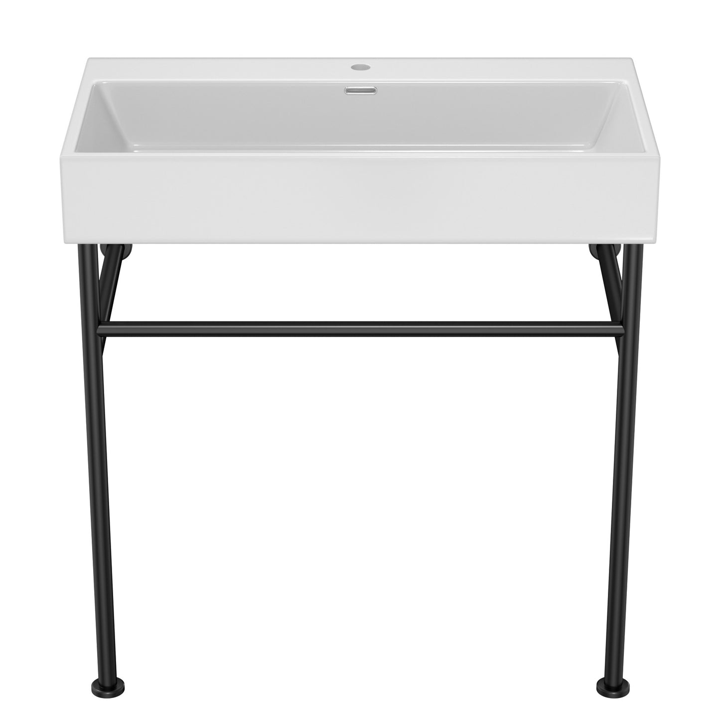 30" Bathroom Console Sink with Overflow,Ceramic Console Sink White Basin Black Legs