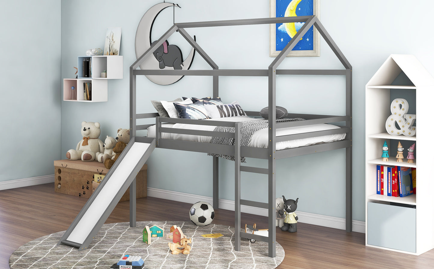 Full Size Loft Bed with Slide, House Bed with Slide,Gray( :WF281161AAE)