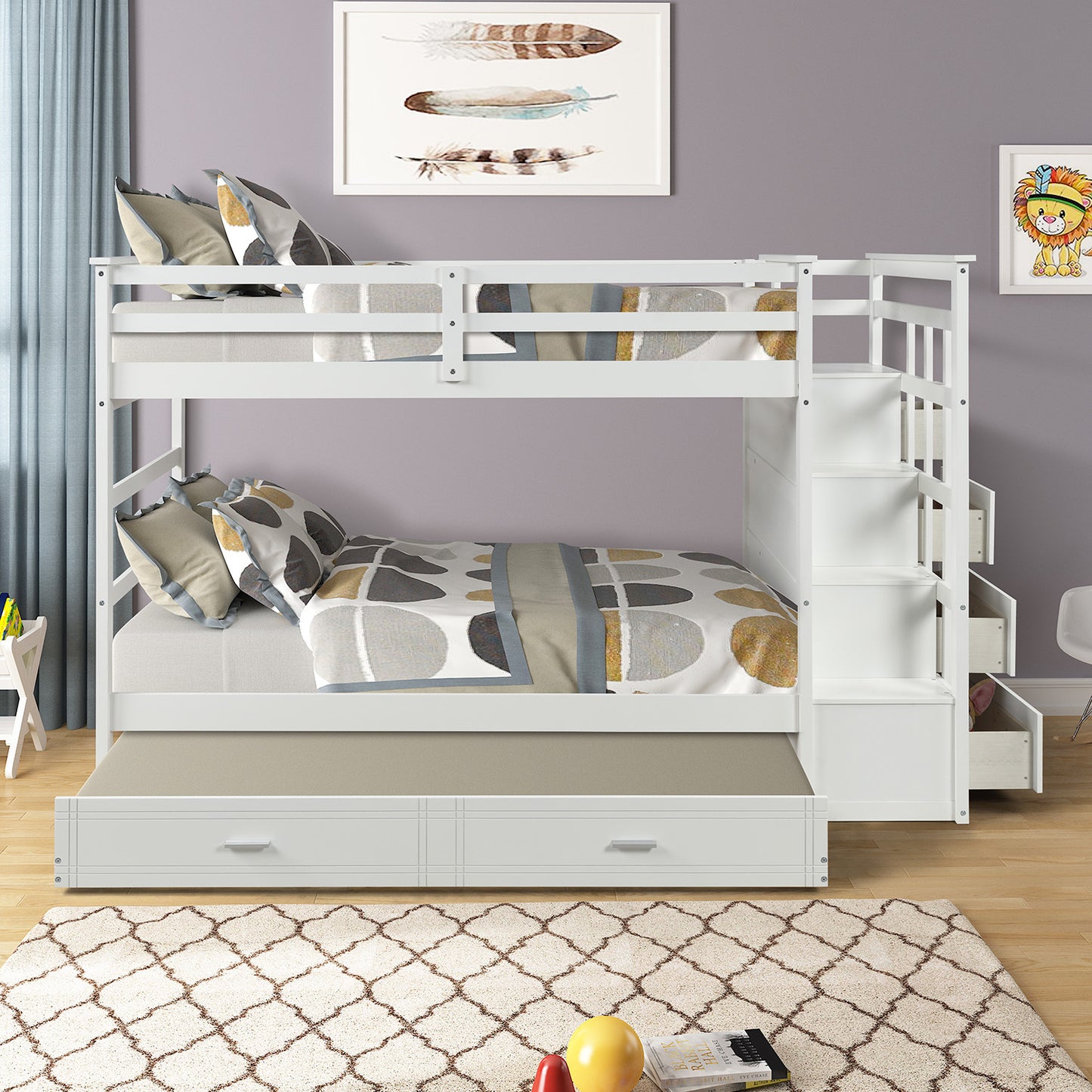 White Solid Wood Twin Bunk Bed with Trundle and Staircase