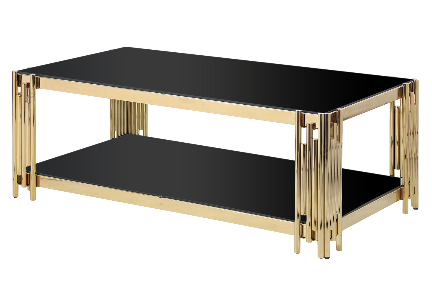 48-Inch Wide Golden Stainless Steel Coffee Table with Double-Layer Black Tempered Glass Top