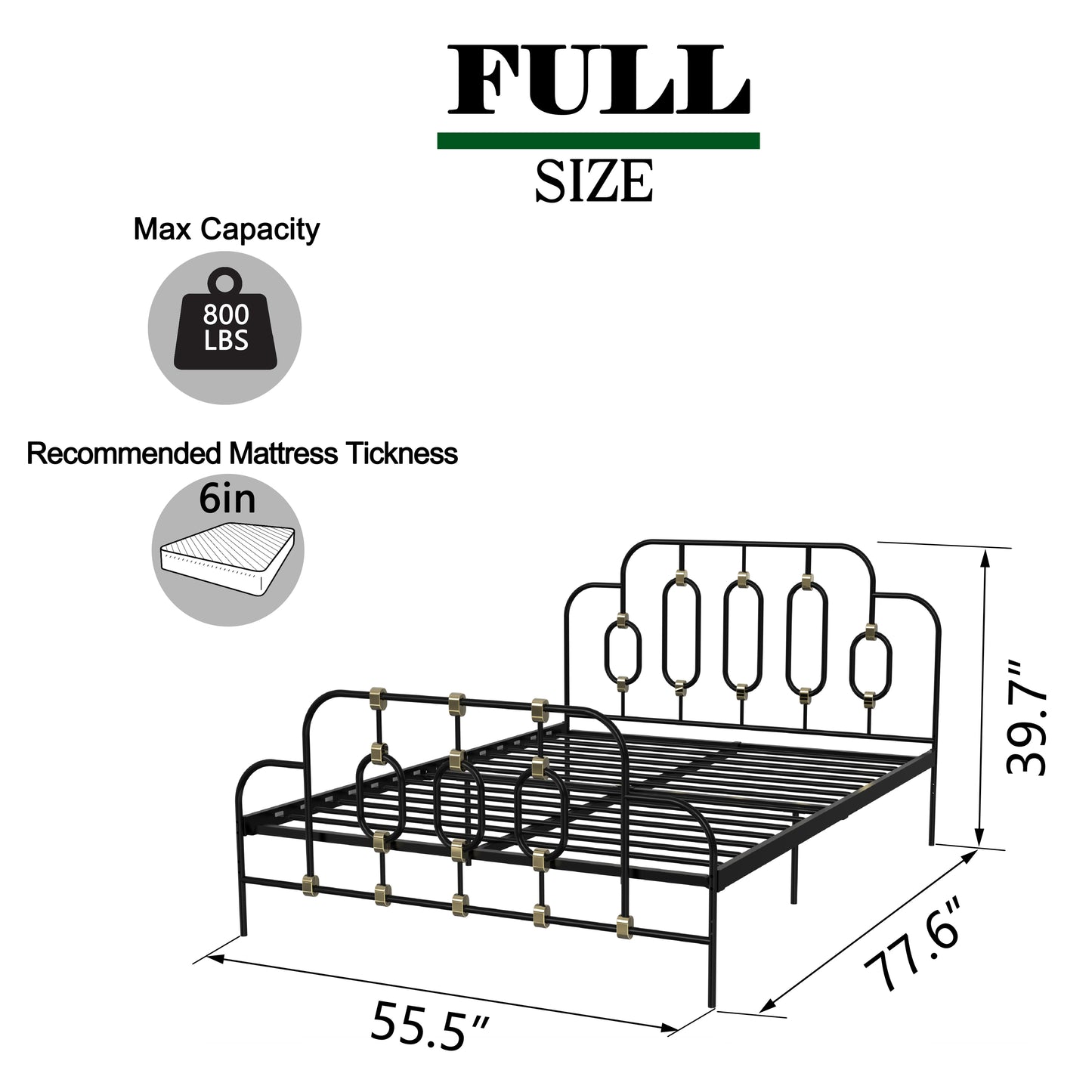 Ola Metal Bed, Black with Gold Detail, Full