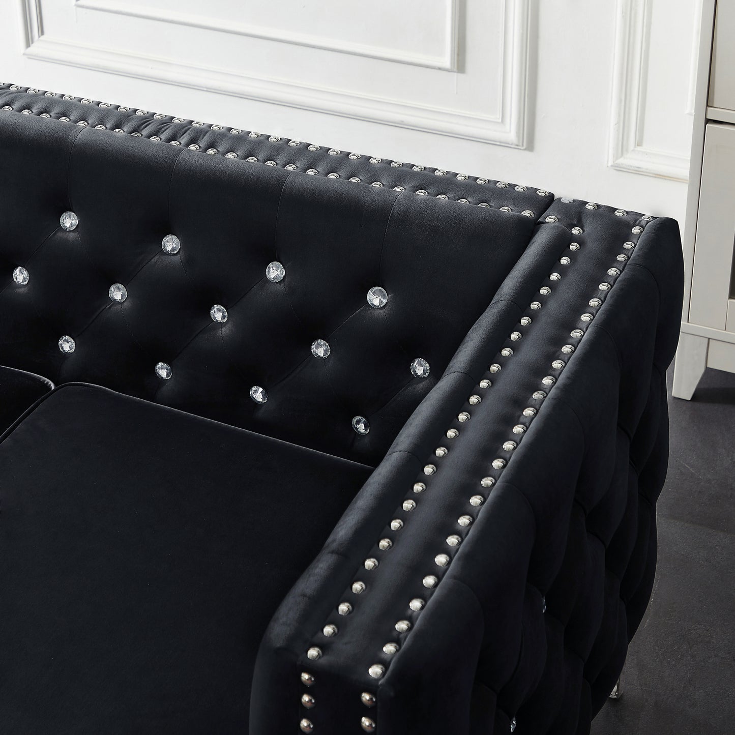 Modern Black Velvet Sofa with Jeweled Buttons and Tufted Square Arms, Including 2 Pillows