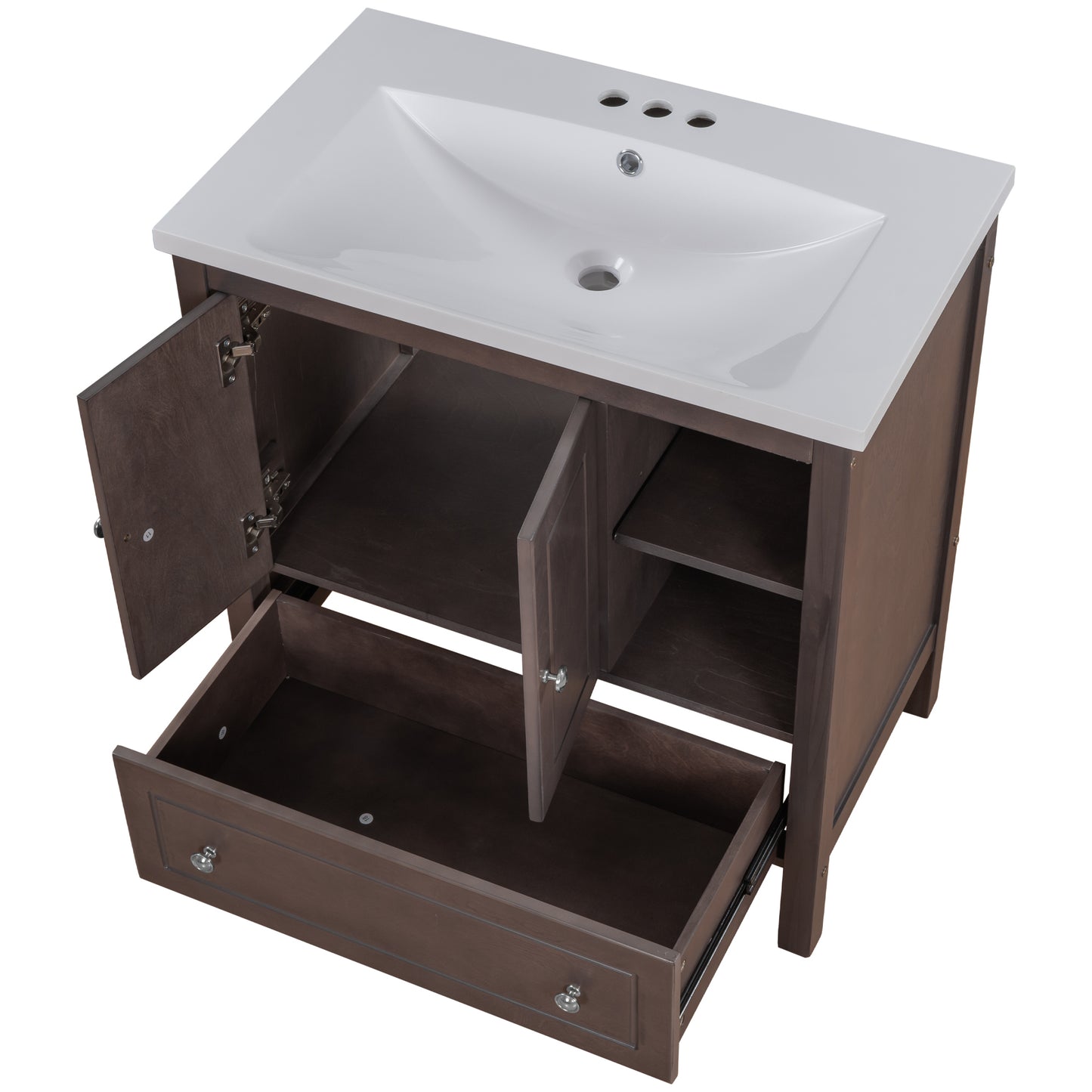 30" Bathroom Vanity with Sink, Bathroom Storage Cabinet with Doors and Drawers, Solid Wood Frame, Ceramic Sink, Brown