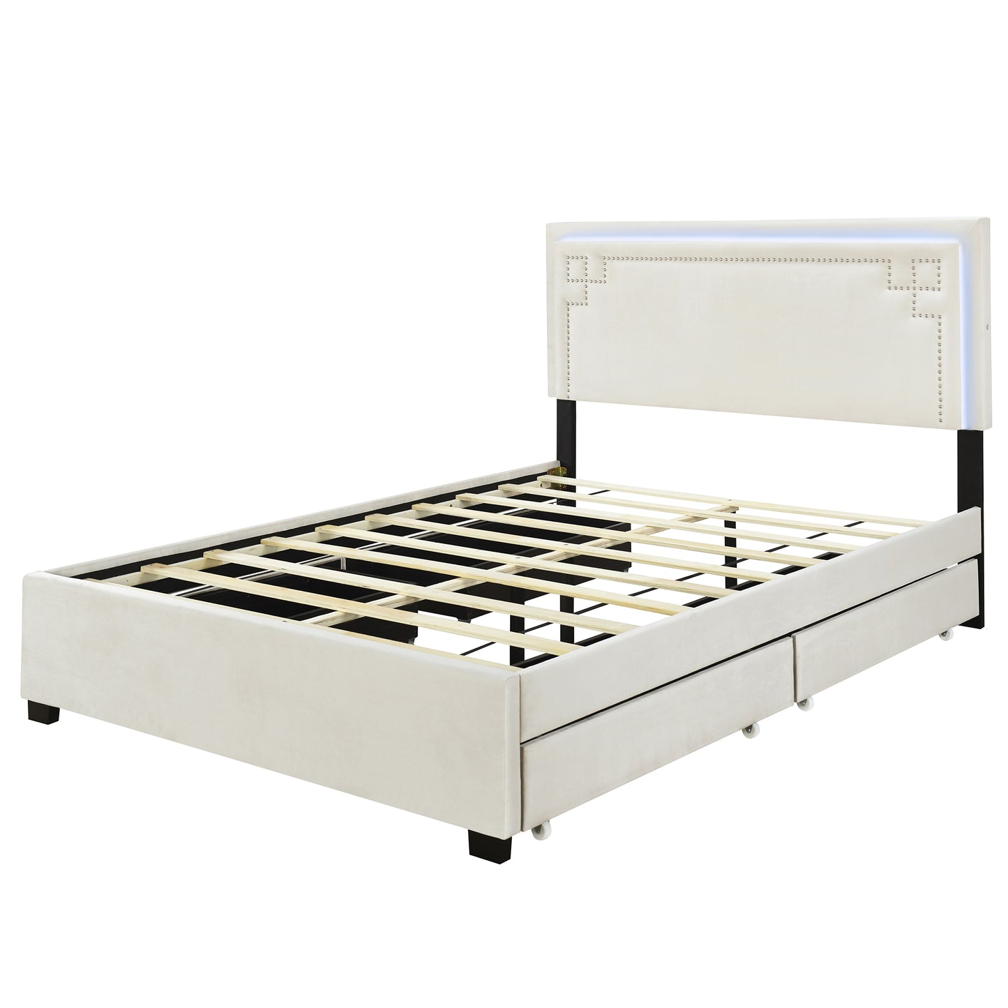 Queen Size Upholstered Platform Bed with Rivet-decorated Headboard, LED bed frame and 4 Drawers, Beige