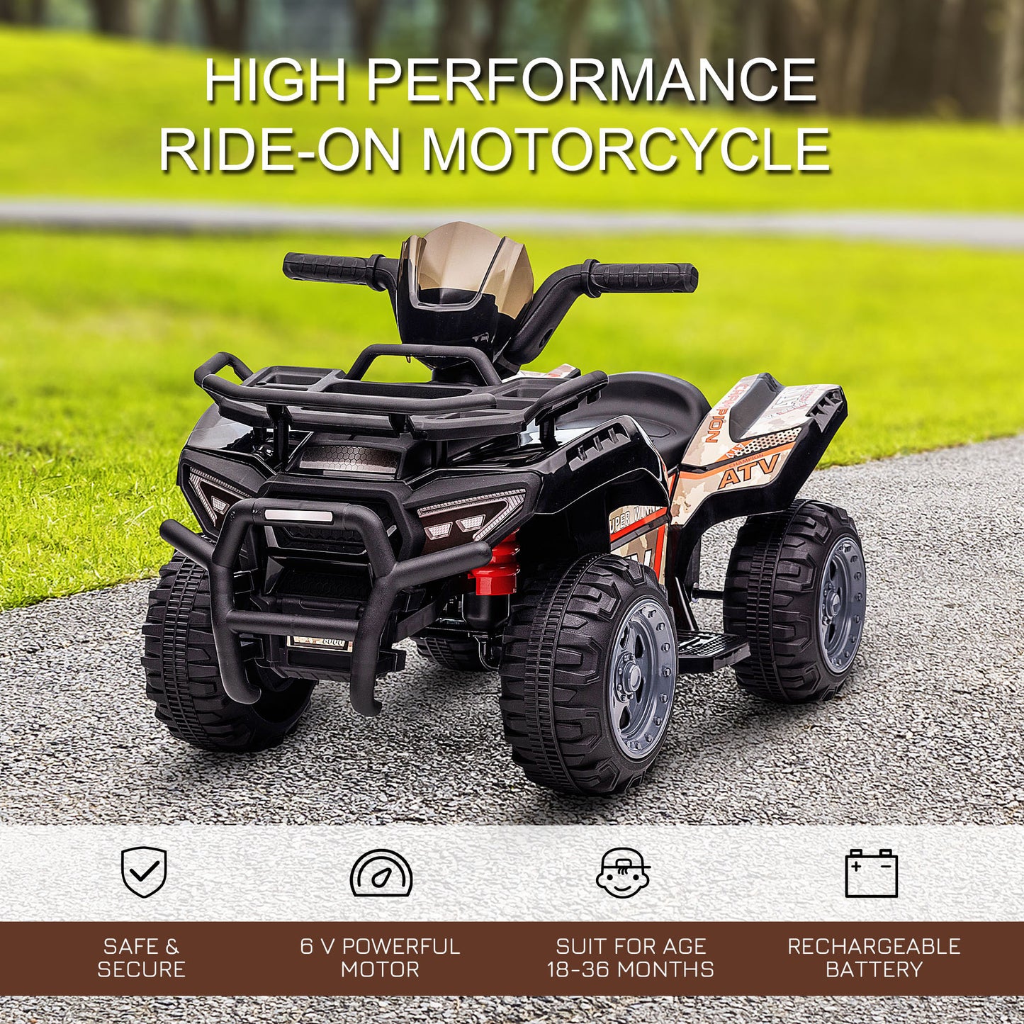 Kids ATV Four Wheeler  Ride on Car, Motorized Quad, 6V Battery Powered Electric Quad with Songs for 18-36 Months, Black