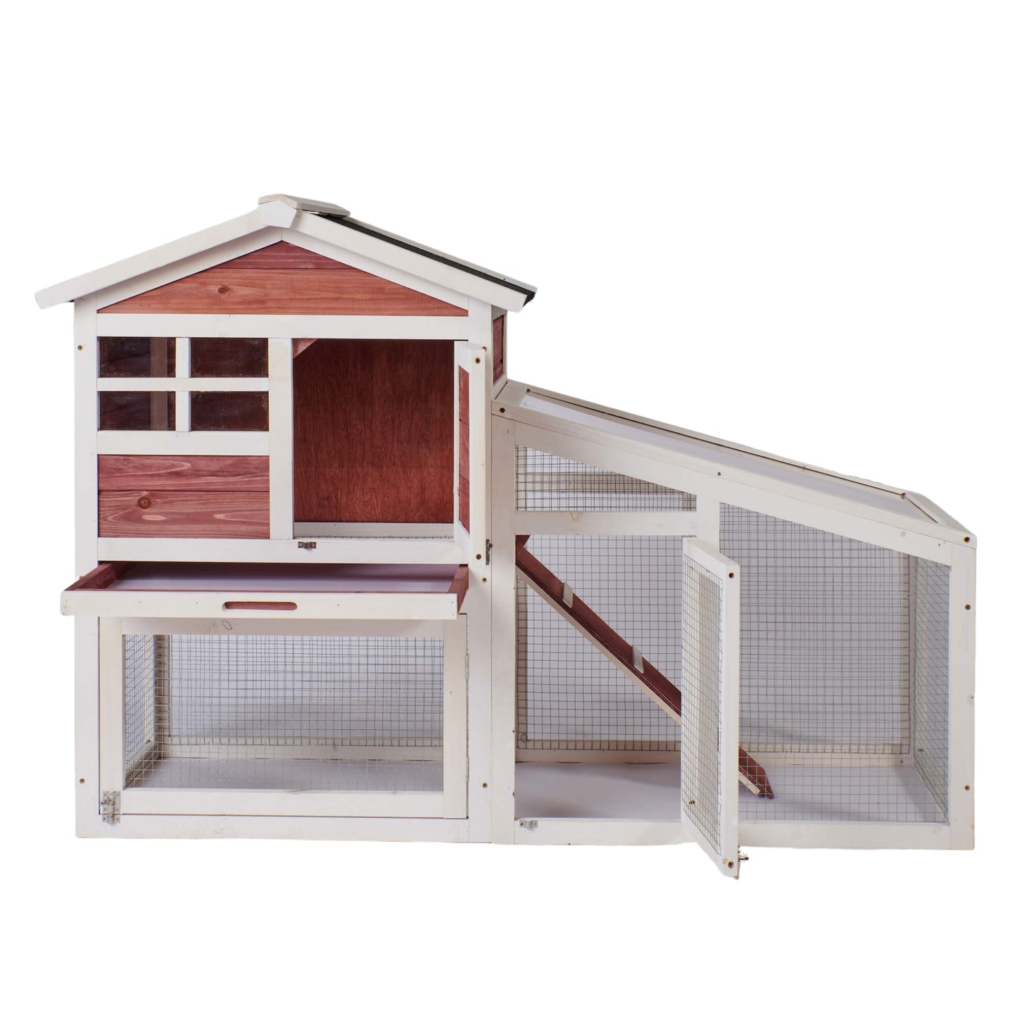 Rabbit Hutch Indoor Outdoor, Wooden Chicken Coop, Bunny Cage Hen House with Run, Ventilation Door, Removable Tray, Ramp, Sunlight Panel, Backyard Garden Animals Pet Cage Auburn