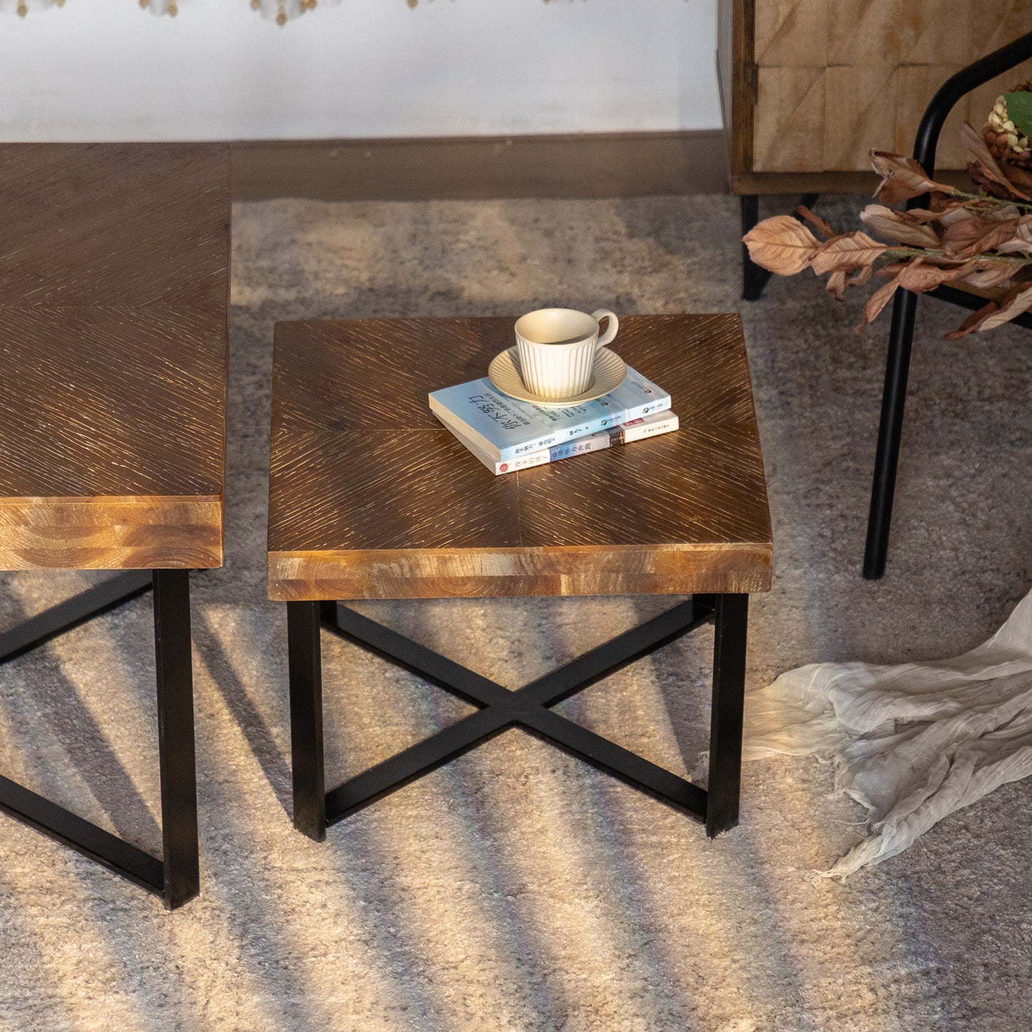 Modern Retro Fir Wood Coffee Table Set - Square Design with Cross Legs Metal Base