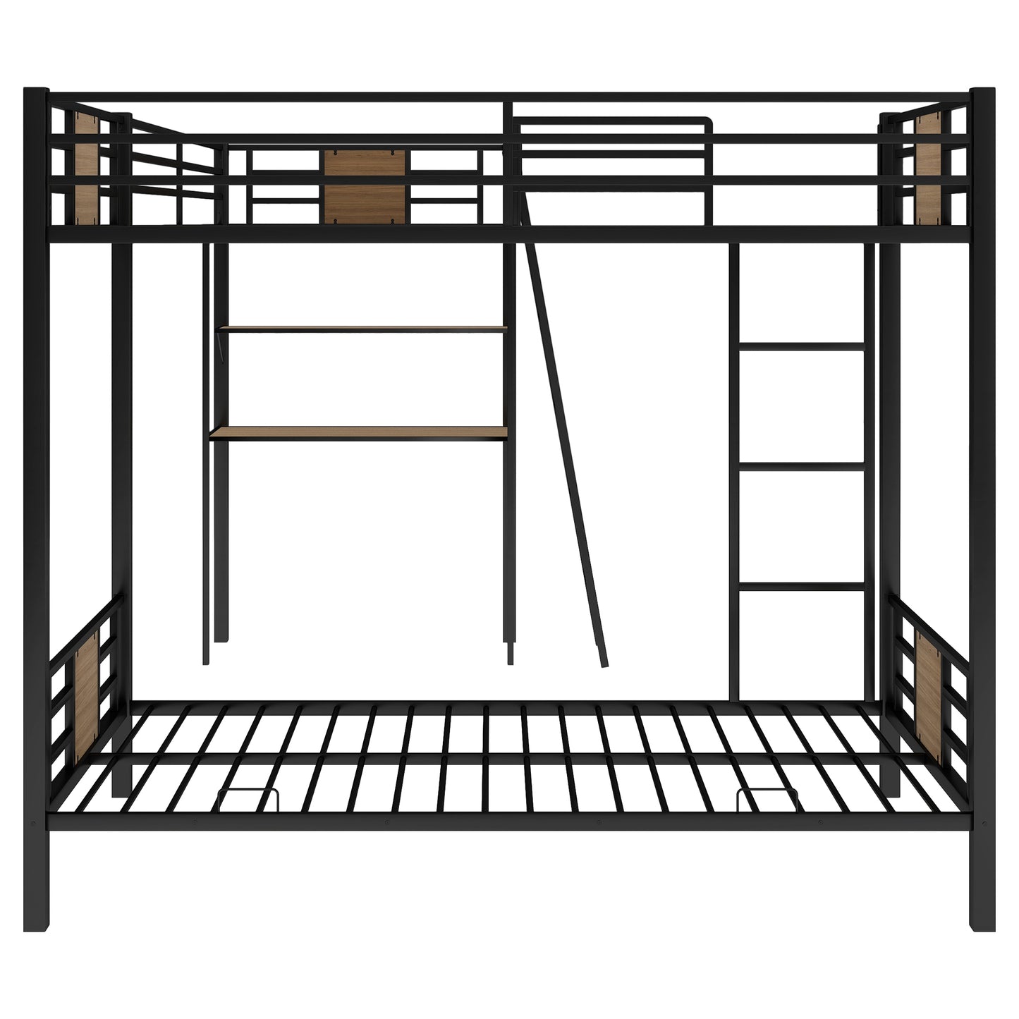 L-Shaped Bunk Bed and Loft Bed Set with Desk and Shelves in Brown