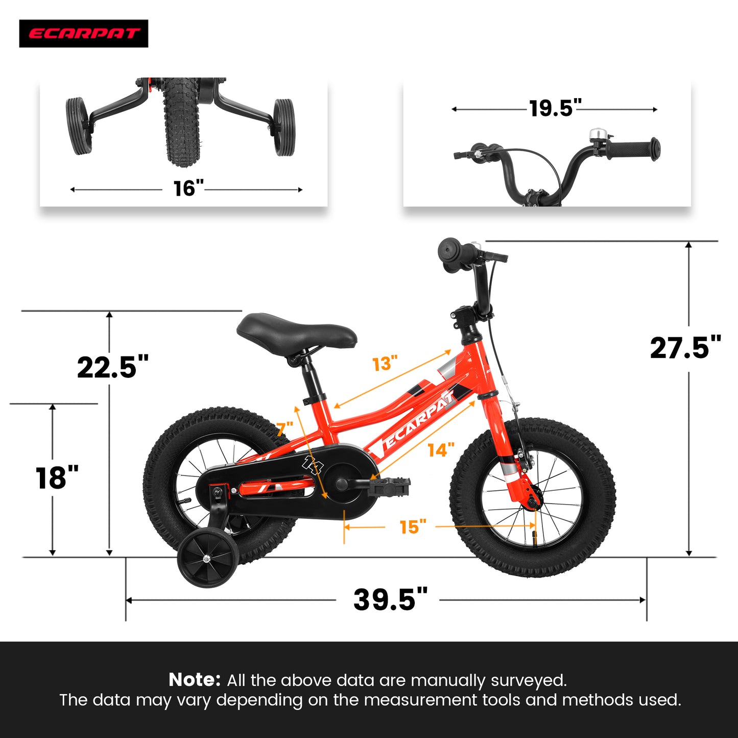 A14117 Ecarpat Kids' Bike 14 Inch Wheels, 1-Speed Boys Girls Child Bicycles For3-5Years, With Removable Training Wheels Baby Toys, Front V Brake, Rear Holding Brake