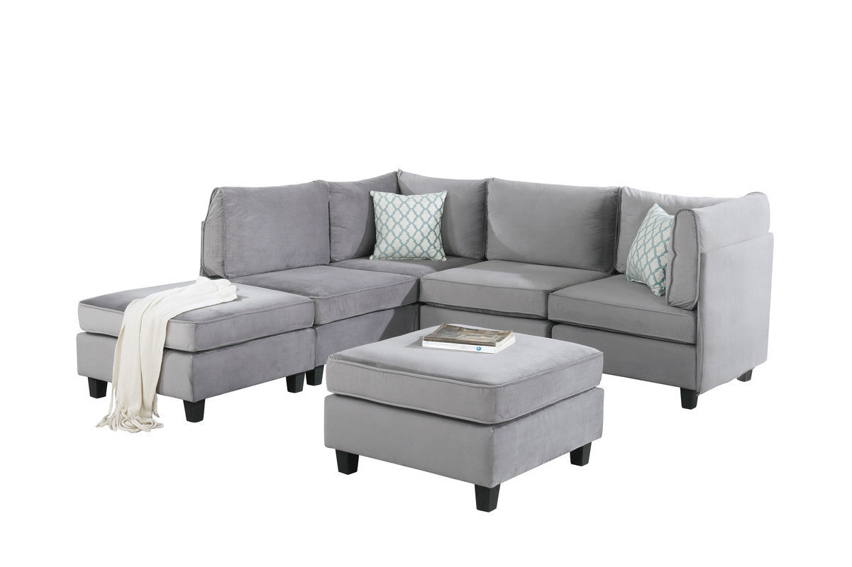 Simona Gray Velvet 6-Piece Sectional Sofa with Modular Design