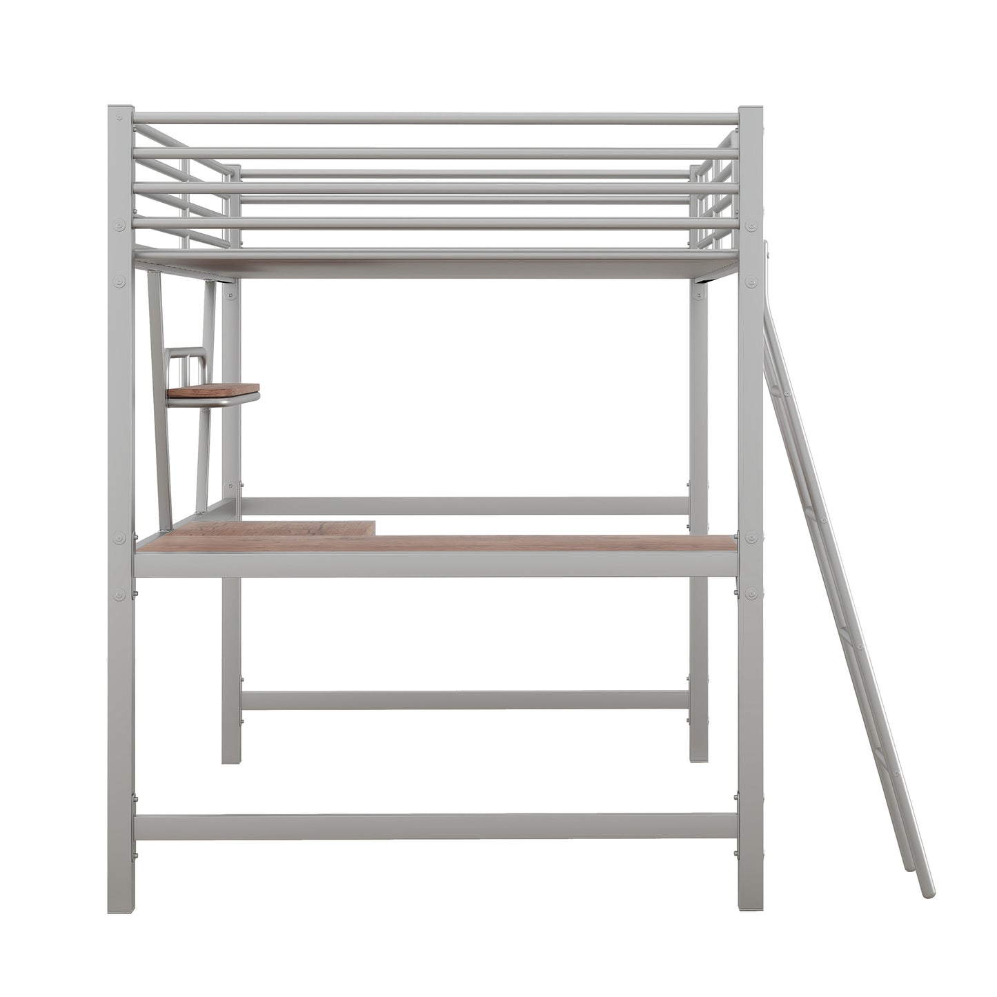 Full Size Loft Metal&MDF Bed with Desk and Shelf, Silver