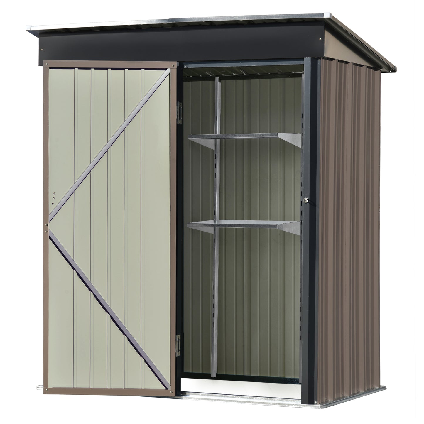 Patio 5ft Wx3ft. L Garden Shed, Metal Lean-to Storage Shed with Adjustable Shelf and Lockable Door, Tool Cabinet for Backyard, Lawn, Garden, Brown