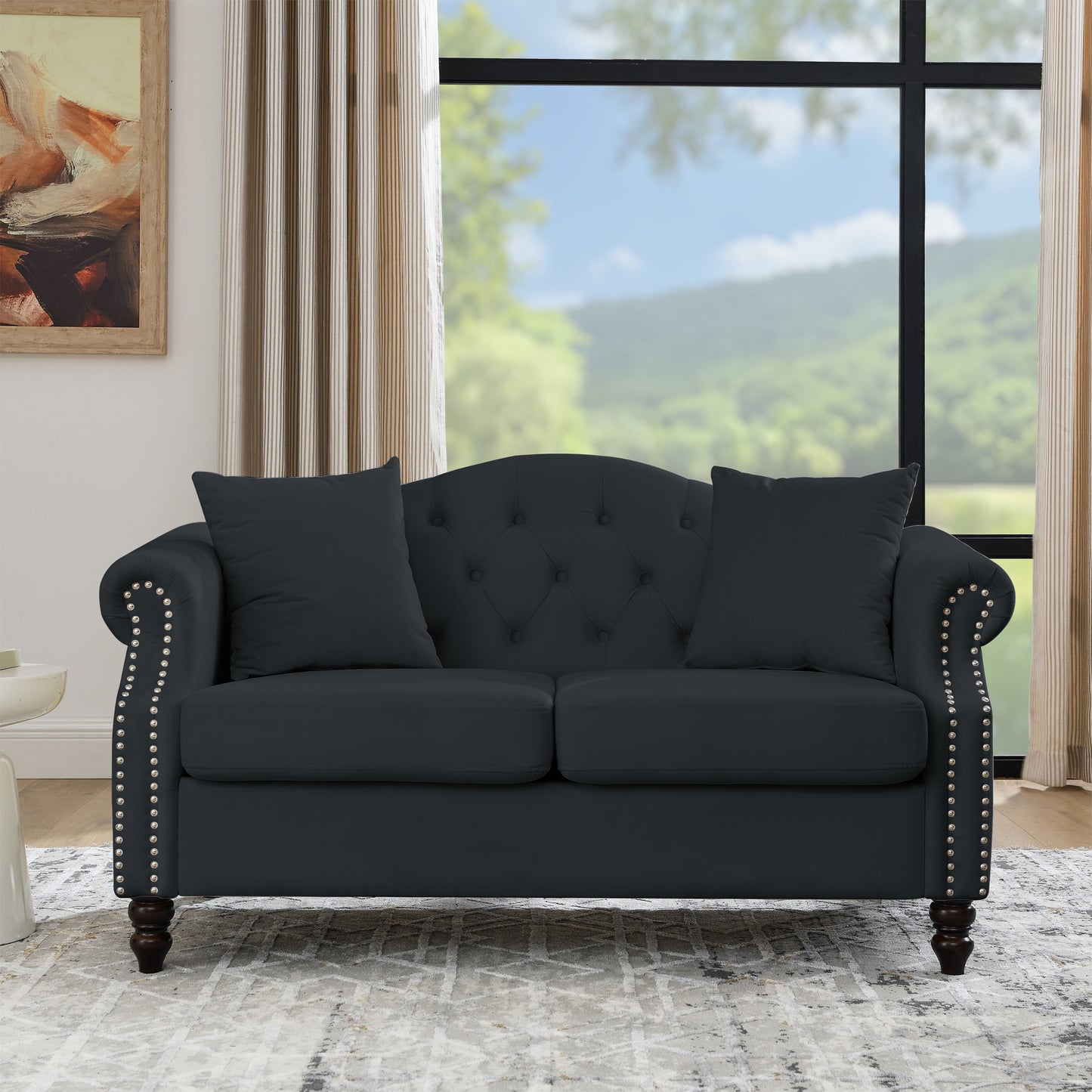 Black Velvet 2-Seater Chesterfield Sofa with Rolled Arms