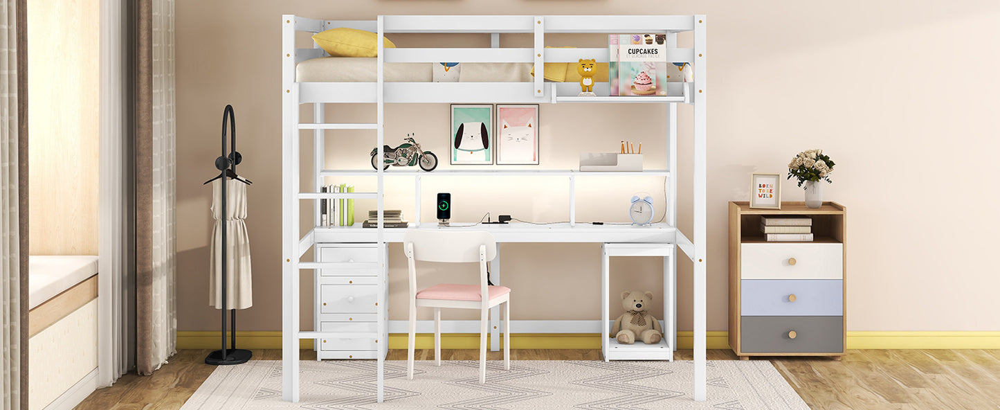 Full Size Loft Bed with Multi-storage Desk, LED light and Bedside Tray, Charging Station, White