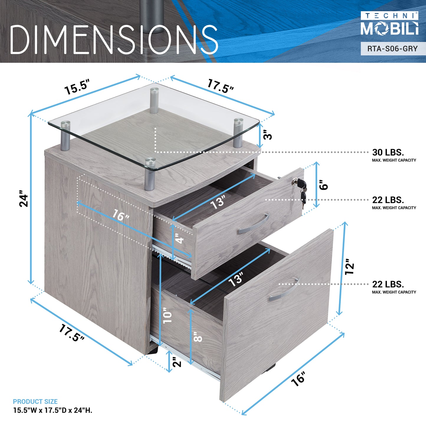 Grey Rolling File Cabinet with Glass Top